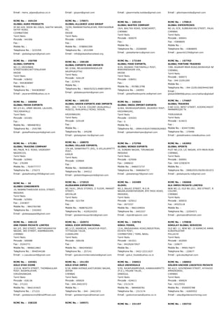 Email : hems_atjees@yahoo.co.in Email : glxport@gmail.com Email : gleammedia.kalidas@gmail.com Email : glitzimpexindia@gmail.com
RCMC No. :  164134
GLOBAL AGRO PRODUCTS
SF.NO.429, DOOR NO.228/A, SAKTHI NAGAR,
SATHY ROAD,
COIMBATORE
Tamil Nadu
Pincode : 641006
Fax :
Mobile No. :
Telephone No. : 3233359
Email : globalagropro@gmail.com
RCMC No. :  170071
GLOBAL ALLIANCE LEAD GROUP
72/59, MAMARATHUPALAYAM, PERIYASEMUR
PO,
ERODE
Tamil Nadu
Pincode : 638004
Fax :
Mobile No. : 9788903399
Telephone No. : 6531999
Email : info@globalalliancelead.org
RCMC No. :  165144
GLOBAL BARTER COMPANY
19/4, WALTAX ROAD, SOWCARPET,
CHENNAI
Tamil Nadu
Pincode : 600079
Fax :
Mobile No. :
Telephone No. : 25268585
Email : globalbarterco@gmail.com
RCMC No. :  170814
GLOBAL ENTERPRISES
NO.16, ECR, SUBBURAYAN STREET, PALAVAKKAM,
CHENNAI
Tamil Nadu
Pincode : 600041
Fax : 43848695
Mobile No. :
Telephone No. : 43848695
Email : geworld1234@gmail.com
RCMC No. :  156708
GLOBAL EXPORTS
NO.13, KRISHNAN
STREETGOBICHETTIPALAYAM
ERODE
Tamil Nadu
Pincode : 638452
Fax : 9443838587
Mobile No. :
Telephone No. : 9443838587
Email : jayaram004@yahoo.co.in
RCMC No. :  159100
GLOBAL EXPORTS AND IMPORTS
NO.3/266, MELAKANDAMANGALEM
ARUPPUKOTTAI
Tamil Nadu
Pincode : 626129
Fax : 227974
Mobile No. :
Telephone No. : 9600352523,9488728970
Email : globalexportsm@gmail.com
RCMC No. :  172184
GLOBAL FOOD EXPORTS,
4/24, IKKARAI THATHAPALLI POST,
BHAVANISAGAR VIA,
ERODE
Tamil Nadu
Pincode : 638451
Fax :
Mobile No. : 9578813798
Telephone No. : 240993
Email : globalfoodexports.ss@gmail.com
RCMC No. :  157763
GLOBAL FORTUNE TRADERS
7/80, AGARAM MAIN ROAD,SRINIVASA NAGAR, SEL
CHENNAI,
Tamil Nadu
Pincode : 600073
Fax : 044 22291269
Mobile No. :
Telephone No. : 044 22291269/9444236975
Email :
global200849@yahoo.com/nathan@globalfortunetrad
RCMC No. :  166656
GLOBAL FRESH EXPORTS
NO.2/3­A1, UMAR NAGAR, LALGUDI,
TRICHIRAPALLI
Tamil Nadu
Pincode : 621601
Fax :
Mobile No. : 9894687832
Telephone No. : 2542789
Email : globalfreshexports@gmail.com
RCMC No. :  165153
GLOBAL GREEN EXPORTS AND IMPORTS
MIG ­ 243, T.N.H.B. COLONY (AVALAPALLI
HUDCO), AVALAPALLI ROAD, HOSUR,
KRISHNAGIRI
Tamil Nadu
Pincode : 635109
Fax :
Mobile No. :
Telephone No. : 245298
Email : globalgreen.hsr@gmail.com
RCMC No. :  163623
GLOBAL INDIA IMPORT EXPORTS
4/264, SRINIVASAPURAM, JAGADEVI POST,
KRISHNAGIRI,
Tamil Nadu
Pincode : 635203
Fax : 0
Mobile No. :
Telephone No. : 09941430247/09003624903
Email : globalindiaimpex@gmail.com
RCMC No. :  174667
GLOBAL TRADERS
D NO 2/22, WEST STREET, KOOPACHIKOTTAI POST
MANNARGUDI TK
THIRUVARUR
Tamil Nadu
Pincode : 614015
Fax :
Mobile No. : 8344733981
Telephone No. : 270496
Email : globaltraders.india@yahoo.com
RCMC No. :  171281
GLOBAL TRADING COMPANY
NO.796/B, M.S. ROAD, VADASERY
NAGERCOIL
Tamil Nadu
Pincode : 629001
Fax : 276309
Mobile No. : 7639777777
Telephone No. : 276373
Email : globaltrading1950@gmail.com
RCMC No. :  168075
GLOBAL VILLAGE EXPORTS,
374 AB, SANAPIRATTI (RS), S.VELLALAPATTY
POST,
KARUR
Tamil Nadu
Pincode : 639004
Fax :
Mobile No. : 9600680286
Telephone No. : 244312
Email : globalvillageexports@gmail.com
RCMC No. :  172706
GLOBAL WINGS EXPORTS
16, SUNDAR NAGAR, TIRUNAGAR
MADURAI
Tamil Nadu
Pincode : 625006
Fax : 2486632
Mobile No. : 9486572737
Telephone No. : 9486064737
Email : globalwings7@gmail.com
RCMC No. :  162092
GLOBAL XPORTS
PLOT NO.219, LIC NAGAR, 6TH MAIN ROAD, MADIPA
CHENNAI,
Tamil Nadu
Pincode : 600091
Fax : 044 22583074
Mobile No. :
Telephone No. : 09962555159/09150107201
Email : globalxports.in@gmail.com
RCMC No. :  16
GLOBES CONDIMENTS
10, NANMAITHARUVAR KOVIL STREET,
MADURAI
Tamil Nadu
Pincode : 625001
Fax : 2343837
Mobile No. : 9843765780
Telephone No. : 2342003
Email : globespappad@gmail.com
RCMC No. :  172015
GLODAWNN EXPORTERS
NO.74/41, DRUG STORES, II FLOOR, MARKET
STREET,
ARIYALUR
Tamil Nadu
Pincode : 621704
Fax :
Mobile No. : 9688762255
Telephone No. : 4329224255
Email : glodawnnexporters@gmail.com
RCMC No. :  163489
GLOVEL
NO.3, BALAJI STREET, M.G.M.
NAGAR,AVANIYAPURAM, BYE PASS ROAD,
MADURAI,
Tamil Nadu
Pincode : 625012
Fax : 2673337
Mobile No. : 9842109054
Telephone No. : 6453337
Email : rajan@rajexim.com
RCMC No. :  166666
GLS IMPEX PRIVATE LIMITED
NEW NO.13, OLD NO.10/1, 3RD STREET, RACE VIEW
COLONY,
CHENNAI
Tamil Nadu
Pincode : 600032
Fax : 45525118
Mobile No. :
Telephone No. : 22554571
Email : glsimpex@hotmail.com
RCMC No. :  169110
GNS FOODS PRIVATE LIMITED
NO.3/5, 3RD STREET, PARTHASARATHY
NAGAR, 3RD STREET, ADAMBAKKAM,
CHENNAI
Tamil Nadu
Pincode : 600088
Fax : 25243771
Mobile No. : 9896612863
Telephone No. : 9940544186
Email : v.vasudevan4@gmail.com
RCMC No. :  163972
GOKUL EXIM INTERNATIONAL
NO.1/15, ARANGUR, VAGAIYUR­POST,
TITTAGUDI­TALUK,
CUDDALORE
Tamil Nadu
Pincode : 606106
Fax :
Mobile No. : 9842456563
Telephone No. : 257141
Email : gokuleximinternational@gmail.com
RCMC No. :  158792
GOKUL FOODS,
13­A, MADUKKARAI ROAD,INDUSTRIAL
ESTATE POST,
COIMBATORE / TAMIL NADU,
Tamil Nadu
Pincode : 641021
Fax : 042202673927
Mobile No. :
Telephone No. : 0422­22311637
Email : gokul_foods@yahoo.co.in
RCMC No. :  170836
GOKULAY GLOBAL SERVICES
OLD NO: 11, NEW NO: 10 KAMACHI AMMAN KOVIL S
KUNJIPALAYAM
POLLACHI
Tamil Nadu
Pincode : 642004
Fax : 220677
Mobile No. : 9994176677
Telephone No. : 220677
Email : gokulay@gmail.com
RCMC No. :  154461
GOLD STAR EXIMS
2/10­B, NORTH STREET, THOMBAKULAM
POST, RAJAPALAYAM,
VIRUDHUNAGAR
Tamil Nadu
Pincode : 626136
Fax : 271221
Mobile No. : 9842143425
Telephone No. : 271221
Email : goldstarexims9@rediffmail.com
RCMC No. :  151193
GOLD STAR IMPEX
E/18, ANNA AVENUE,KASTURIBAI NAGAR,
ADYAR
CHENNAI
Tamil Nadu
Pincode : 600020
Fax : 044­24421972
Mobile No. :
Telephone No. : 044 ­ 24421972
Email : goldstarimpex@hotmail.com
RCMC No. :  156921
GOLD UNIVERSALS
5/50, RAJAPURAMPUDUR, KANAKKANPATTI
(P.O.), PALANI TALUK,
DINDIGUL
Tamil Nadu
Pincode : 624613
Fax : 2313174
Mobile No. : 9894600781
Telephone No. : 2313174
Email : golduniversals@yahoo.co.in
RCMC No. :  168652
GOLDEN ANCHOR LOGISTICS PRIVATE LIMITED
NO.42/2, GOVINDHAN STREET, AYYAVOO COLONY,
AMINJIKARAI,
CHENNAI
Tamil Nadu
Pincode : 600029
Fax : 42125552
Mobile No. : 9500055788
Telephone No. : 42695552
Email : uday@goldenanchorlog.com
RCMC No. :  158220 RCMC No. :  169571
RCMC No. :  151197 RCMC No. :  155732
 