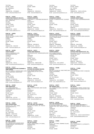 Tamil Nadu
Pincode : 630002
Fax : 9843689641
Mobile No. :
Telephone No. : 9976388855
Email : aafiyaexports@gmail.com
Tamil Nadu
Pincode : 628008
Fax :
Mobile No. :
Telephone No. : 9994292522
Email : ahazexports@gmail.com
Tamil Nadu
Pincode : 600091
Fax : 43302677
Mobile No. : 9841046629
Telephone No. : 43302677
Email : aakashchemicals@hotmail.com
Tamil Nadu
Pincode : 600028
Fax : 4952592
Mobile No. :
Telephone No. : 4942511/4952592
Email : aalurisilki@yahoo.com
RCMC No. :  157844
AAMBIS FOOD PRODUCTS PRIVATE L
3/39, KONDUPPA NAIKKEN PATTI, MANAVALLI
POST, TIRUPATTUR,
VELLORE
Tamil Nadu
Pincode : 635901
Fax : 9942332188
Mobile No. :
Telephone No. : 204645
Email : aambis_fpl@yahoo.co.in
RCMC No. :  166894
AANAND EXPORTERS
TS NO.5876/2, 11, SANTHANATHAPURAM 6TH
STREET,
PUDUKKOTTAI
Tamil Nadu
Pincode : 622001
Fax : 228585
Mobile No. : 9443513511
Telephone No. : 2228585
Email : aanandexporters@gmail.com
RCMC No. :  170563
AANANDHAM TRADERS
NO.3/85, A N MANGALAM POST, VALAPADY
TALUK,
SALEM
Tamil Nadu
Pincode : 636106
Fax :
Mobile No. :
Telephone No. : 9944057571
Email : sales.aanandham@gmail.com
RCMC No. :  154313
AANOORR GREEN POWER
123, V.G.V. VIJAY GARDENMANIAKARAMPALAYAM E
KANGEY
TIRUPUR
Tamil Nadu
Pincode : 641603
Fax : 9842996503
Mobile No. :
Telephone No. : 9842996503/9894633054
Email : aanoorrgreenpower@rediffmail.c
RCMC No. :  168900
AAR KAY EXIM
18/142, 1ST FLOOR, VALMIKI STREET,
KAMBAR NAGAR,
CHENNAI
Tamil Nadu
Pincode : 600082
Fax :
Mobile No. :
Telephone No. : 45522259
Email : rkexim2011@gmail.com
RCMC No. :  173512
AARGANIKS TRADINGS
NO.9, MEENAKSHI NAGAR, 3RD STREET,
PALLIKARANAI,
CHENNAI
Tamil Nadu
Pincode : 600100
Fax :
Mobile No. : 9003298149
Telephone No. : 22461342
Email : vaventhen@gmail.com
RCMC No. :  167423
AARNA INTERNATIONAL
1ST FLOOR­B, NO.132, SILAPATHIGARAM
STREET, GANESH NAGAR
CHENNAI
Tamil Nadu
Pincode : 600073
Fax : 22271608
Mobile No. : 9566008840
Telephone No. : 22271608
Email : sivsigns@hotmail.com
RCMC No. :  162608
AARTHTHI EXPORTS
NO.B­366, TVS AVENUE,ANNA NAGARWEST EXTN., 3
STREET,
CHENNAI
Tamil Nadu
Pincode : 600101
Fax :
Mobile No. : 9841019900
Telephone No. : 26546800
Email : aarththiexports@gmail.com
RCMC No. :  156798
AARYAH EXPORT
5/236 F1, PUSHPAGIRI VELAN
NAGDHARAPURAM ROAD,
UDUMALPET
Tamil Nadu
Pincode : 642126
Fax : 225377
Mobile No. :
Telephone No. : 226714
Email : aaryahexport2007@rediffmail.co
RCMC No. :  163271
AASIKA FOOD PRODUCTS
15, SAVADIPALAYAM, THAMMAREDDIPALAYAM
(PO),
KANGAYAM,
Tamil Nadu
Pincode : 638701
Fax : 09944666324
Mobile No. :
Telephone No. : 09865321888
Email : aasikaproducts@gmail.com
RCMC No. :  156334
AASMAN EXPORTS
6/11­A, ANNAI SIVAKAMI
STREETMEENAKSHI NAGAR,
MADURAI,
Tamil Nadu
Pincode : 625012
Fax : 04524393175
Mobile No. :
Telephone No. : 0452­2678979
Email : aasmanexports@yahoo.com
RCMC No. :  163730
AATHAVA FOOD PRODUCTS PVT. LTD.,
PALLALAPALLI VILLAGE, LAKKINAYAKENPATTI POST
TIRUPATTUR TALUK,
VELLORE DIST
Tamil Nadu
Pincode : 635601
Fax : 25405656
Mobile No. : 9686191417
Telephone No. : 25405656
Email : aathavafoods@gmail.com
RCMC No. :  172217
AATHI SATHYANARAYANA DIAMONDS &
JEWEL WORKS
NO.7, SAI COMPLEX, SUBEIDAR ABDUL AZEEZ
STREET, SANTHAPET, GUDIYATHAM
VELLORE
Tamil Nadu
Pincode : 632602
Fax : 9150348100
Mobile No. : 9150348100
Telephone No. : 9150348100
Email : saravanana823@gmail.com
RCMC No. :  169339
AAYURAM VELLIAMMAN TRADING
NO.38, NATHAM VARRI STREET,
MANNACHANALLUR POST & TALUK,
TRICHY
Tamil Nadu
Pincode : 621005
Fax :
Mobile No. : 9943452198
Telephone No. : 9943452198
Email : asksrinivasan@gmail.com
RCMC No. :  160280
AB EXIMS
NEW NO.10, OLD NO.36, THIRD STREET,WVR
PURAM, SALIGRAMAM,,
CHENNAI
Tamil Nadu
Pincode : 600093
Fax : 040­23802345
Mobile No. :
Telephone No. : 040­23808000
Email : ayub_india@rediffmail.com
RCMC No. :  173088
AB OVERSEAS
NO 7/7 BATTACHARI STREET, AYANAVARAM
CHENNAI
Tamil Nadu
Pincode : 600023
Fax :
Mobile No. : 9500177222
Telephone No. : 9500177222
Email : aboverseas12@gmail.com
RCMC No. :  158760
ABBA ASSOCIATES
43­A, SIDDHI VINAYAGAR
COLONYANNANAGAR, VADAVALLI
COIMBATORE
Tamil Nadu
Pincode : 641041
Fax : 4368156
Mobile No. :
Telephone No. : 6577156
Email : enquiry@abbaassoc.com
RCMC No. :  163738
ABC EXPORTS
136­A, VENKATESAPURAM, NEAR GOLDEN
GATES
PERAMBALUR
Tamil Nadu
Pincode : 621212
Fax : 04328 277772
Mobile No. :
Telephone No. : 04328 225445
Email : abcexports28@sifi.com
RCMC No. :  150577
ABC EXPORTS (HUF)
18/1, SOWRASTRA NAGAR, 2ND STREET,
CHOOLAIMEDU,
CHENNAI
Tamil Nadu
Pincode : 600094
Fax : 27641525
Mobile No. : 9444028258
Telephone No. : 27641525
Email : prabhu23@hotmail.com
RCMC No. :  160991
ABC FRUITS
ON BANGALORE­CHENNAI HIGHWAY ROAD,
ANKINAYANAPALLI VILLAGE & POST, NEAR BARGUR
KRISHNAGIRI
Tamil Nadu
Pincode : 635104
Fax :
Mobile No. : 9443248391
Telephone No. : 9443248391
Email : vijayan@abcfruits.net
RCMC No. :  166066
ABHI INTERNATIONAL
SHED NO.134­A, TEKIC, SIDCO,
MUTHALIPALAYAM P.O.,
TIRUPUR
Tamil Nadu
Pincode : 641606
Fax : 9487779441
Mobile No. : 0948777944
Telephone No. : 2902441
Email : abhinational@gmail.com
RCMC No. :  164729
ABI & ABI ASIA TECH COMPANY
80, ABI & ABI TOWERS, OPP: MEDICAL
COLLEGE,
THANJAVUR
Tamil Nadu
Pincode : 613004
Fax : 247005
Mobile No. :
Telephone No. : 241505
Email : abiabiasia@gmail.com
RCMC No. :  165756
ABI & ABI INTERNATIONAL
80, ABI & ABI TOWERS, OPP. MEDICAL
COLLEGE FIRST GATE, MEDICAL COLLEGE
ROAD,
THANJAVUR
Tamil Nadu
Pincode : 613004
Fax : 246444
Mobile No. :
Telephone No. : 241505
Email : abiabiinternational@gmail.com
RCMC No. :  155307
ABI & ABI MARKETING INDIA P. L
ABI & ABI TOWERS,OPP. MEDICAL COLLEGE FIRST G
THANJAVUR,
Tamil Nadu
Pincode : 613004
Fax : 04362 246444
Mobile No. :
Telephone No. : 04362­241505/244505/247005
Email : abiabinet5000@rediffmail.com
RCMC No. :  170784
ABI AGRO EXPORTS
NO.1, ABIRAMI ILLAM, ABIRAMI NAGAR,
CHENNAI HIGHWAY, NEELAMANGALAM,
KALLAKURICHI,
VILLUPURAM
Tamil Nadu
RCMC No. :  161804
ABI EGG TRADERS
5/190/2, SWAMY NAGAR, 1ST CROSS,
MOHANUR ROAD,
NAMAKKAL
Tamil Nadu
Pincode : 637002
RCMC No. :  170860
ABI EXIM
NO.91/1, OLD STREET, MUMMUNI VILLAGE,
VANDAVASI,
TIRUVANNAMALAI
Tamil Nadu
Pincode : 604408
RCMC No. :  164449
ABI EXPORTS
4/44 A, MATHIYAMPATTY, K.VETRAPATTY, HARUR,
DHARMAPURI
Tamil Nadu
Pincode : 636902
 