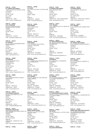 RCMC No. :  174292
K.K. IMPORTS AND EXPORTS
1/198,PILLAYAR KOVIL BACKSIDE, OKKUR,
SIVAGANGAI
Tamil Nadu
Pincode : 630557
Fax : 233661
Mobile No. :
Telephone No. : 233661
Email : kkrishna_1979@gmail.com
RCMC No. :  165188
K.K. RAJAN
# 40, THIRU VI KA SALAI, (G.P.ROAD), ANNA
SALAI
CHENNAI
Tamil Nadu
Pincode : 600002
Fax :
Mobile No. :
Telephone No. : 28603945
Email : kkrexporters@gmail.com
RCMC No. :  70330
K.K.IMPORTS AND EXPORTS
NO.60, ANDERSON STREET
CHENNAI
Tamil Nadu
Pincode : 600001
Fax : 5364711
Mobile No. :
Telephone No. : 581319 583646 586785
Email : agarwal@md2vsnl.net.in
RCMC No. :  162770
K.K.RAMAN EXPORTS
14/A, SOLAMPATTY, KALLIKUDI PO.,
MADURAI,
Tamil Nadu
Pincode : 625701
Fax : 09943127870
Mobile No. :
Telephone No. : 09943127870 / 09629237297
Email : kkraman@ymail.com
RCMC No. :  158063
K.M.A. EXPORTERS
NO.3/430, PUDUPETTAI STREET,
PARANIPUTTUR POST, PATTUR,
CHENNAI
Tamil Nadu
Pincode : 602101
Fax :
Mobile No. :
Telephone No. : 24762391
Email : azeezabadr313@gmail.com
RCMC No. :  163963
K.M.K.EXPORTS
10/152, CHURCH ROAD,
KANYAKUMARI
Tamil Nadu
Pincode : 629702
Fax :
Mobile No. : 9600277713
Telephone No. : 246061
Email : kmkexports@rocketmail.com
RCMC No. :  167977
K.P.R. TRADERS
118­A, LAKSHMI ILLAM, M.V.M. NAGAR, OLD
KARUR ROAD
DINDIGUL
Tamil Nadu
Pincode : 624001
Fax :
Mobile No. :
Telephone No. : 9003028988
Email : dhuvaragaanaath@gmail.com
RCMC No. :  166617
K.P.S. TRADERS
42, VELLAYAPPAR LANE, ALAMARA STREET,
KARUR
Tamil Nadu
Pincode : 639001
Fax : 9150413938
Mobile No. :
Telephone No. : 9345888361
Email : pandiayan.betal@gmail.com
RCMC No. :  156310
K.P.VADAGIRI
NO.1,8TH CROSS STREETGANDHI NAGAR,
MANNACHANALLUR
TRICHY
Tamil Nadu
Pincode : 621005
Fax : 2560353
Mobile No. :
Telephone No. : 2560353
Email : lakesh2k@yahoo.com
RCMC No. :  158398
K.PRIYANAND,
30 F/3, SRIMURUGA NIVAS,TENTHILL,
COONOOR / TAMIL NADU
Tamil Nadu
Pincode : 643102
Fax : 2207887
Mobile No. :
Telephone No. : 9443528681
Email : sharaj_international@yahoo.com
RCMC No. :  169576
K.R. GREEN INTERNATIONAL
496, SASIKALA RICE MILL COMPOUND,
PALLADAM ROAD,
TIRUPUR
Tamil Nadu
Pincode : 641604
Fax :
Mobile No. :
Telephone No. : 9894604905
Email :
krgreeninternational2013@gmail.com
RCMC No. :  169086
K.R. IMPORTS AND EXPORTS
NO.69, KONDAPPA NAYAKAM PALAYAM, PATTUKKOT
THANJAVUR
Tamil Nadu
Pincode : 614601
Fax :
Mobile No. : 9095955033
Telephone No. : 257905
Email : kreximpkt@gmail.com
RCMC No. :  156809
K.R.AGENCIES
NO.13­7­5B KAMUNDI POTTAL
STREPUDUVAYAL
SIVAGANGAI DIST
Tamil Nadu
Pincode : 630108
Fax : 272449
Mobile No. :
Telephone No. : 221126
Email : rajkumar_rajappan@yahoo.co.in
RCMC No. :  168369
K.R.EXPORTS
NO.11, CUMBUM ROAD HANUMANTHAN PATTY
P.O., UTHAMAPALAYAM,
THENI
Tamil Nadu
Pincode : 625533
Fax :
Mobile No. : 9994255959
Telephone No. : 265870
Email : krlucky@gmail.com
RCMC No. :  172319
K.R.EXPORTS
NO.13, 2ND STREET, K.DHARMAPURI,
KAVINDAPADI,
ERODE
Tamil Nadu
Pincode : 638455
Fax :
Mobile No. : 9944675422
Telephone No. : 243020
Email : krexportserode@gmail.com
RCMC No. :  172251
K.R.F. EXPORTS
NO.3­69A, MACHUVILAI, CHENKODY P.O.
KANYAKUMARI
Tamil Nadu
Pincode : 629177
Fax :
Mobile No. :
Telephone No. : 9486517266
Email : exportskrf@gmail.com
RCMC No. :  168809
K.R.K. & CO
9­B2, NACHIPALAYAM ROAD, MULANUR,
DHARAPURAM,
TIRUPUR
Tamil Nadu
Pincode : 638106
Fax :
Mobile No. : 9443579122
Telephone No. : 228183
Email : krkandco@gmail.com
RCMC No. :  154449
K.R.K. EXPORTS
OLD NO.49, NEW NO.95, CORAL MERCHANT
STREET, MANNADY,
CHENNAI
Tamil Nadu
Pincode : 600001
Fax : 32555654
Mobile No. : 9384788000
Telephone No. : 42160654
Email : krkexports@gmail.com
RCMC No. :  166744
K.S. EXPORTS
#916/D, BRINDAVAN NAGAR II STREET,
K.T.C. NAGAR, PALAYAMKOTTAI
TIRUNELVELI
Tamil Nadu
Pincode : 627001
Fax : 2522315
Mobile No. : 8098298084
Telephone No. : 2522315
Email : ksexports@rocketmail.com
RCMC No. :  168068
K.S.EXPORTS
DOOR NO.10, PUDHU KOMBAI, AKKIYAMPATTY POST
SENDHAMANGALAM (VIA).,
NAMAKKAL
Tamil Nadu
Pincode : 637409
Fax : 281009
Mobile No. : 9952499577
Telephone No. : 9952499577
Email : info@ks­exports.com
RCMC No. :  158879
K.S.R.EXPORTS & IMPORTS
NO.44A, SOUND AMMAN KOVIL STRE
IDAPPADI,
SALEM
Tamil Nadu
Pincode : 637101
Fax : 222754
Mobile No. :
Telephone No. : 222754
Email : KSRPARVEEN@GMAIL.COM
RCMC No. :  163954
K.S.V.EXPORT
26/4, KAVINDAPADI ROAD, KANJIKOIL,
ERODE
Tamil Nadu
Pincode : 638116
Fax :
Mobile No. :
Telephone No. : 235836
Email : manikandarajerode@yahoo.com
RCMC No. :  169941
K.T.I ENTERPRISES PRIVATE LIMITED
NEW NO.4, OLD NO.8, KARIKALAN STREET,
V.O.C NAGAR, PAMMAL,
CHENNAI
Tamil Nadu
Pincode : 600075
Fax : 22385007
Mobile No. : 9962986931
Telephone No. : 22385007
Email : mubarak@ktilimited.com
RCMC No. :  161966
K.T.S TRADING
24/1, (OLD NO.43/1), VARADARAJAN STREET,T. NAG
CHENNAI,
Tamil Nadu
Pincode : 600017
Fax : 044 62730535
Mobile No. :
Telephone No. : 044 24347659
Email : ktstrading@hotmail.com
RCMC No. :  162017
KAAMAKSHI ENTERPRISES
52/40, THANDAVARAYA MUDALI STREET, OLD
WASHERMENPET,
CHENNAI,
Tamil Nadu
Pincode : 600021
Fax : 044 25955936
Mobile No. :
Telephone No. : 09444032753 / 044
25955936
Email : kaamakshienterprises@yahoo.in
RCMC No. :  164578
KAAMIL MARINE EXPORT
136 (OLD # 111), 3RD FLOOR, CORAL
MERCHANT STREET,
CHENNAI
Tamil Nadu
Pincode : 600001
Fax : 43566954
Mobile No. :
Telephone No. : 32213285
Email : mzahirhusain@yahoo.co.in
RCMC No. :  167848
KAB EXPORT
NO.7, 2ND MAIN ROAD, J.B. ESTATE, AVADI
CHENNAI
Tamil Nadu
Pincode : 600054
Fax : 9841509116
Mobile No. :
Telephone No. : 9841509152
Email : kabexport2012@gmail.com
RCMC No. :  159496
KABINI AGRO FOODS INDIA PRIVATE LIMITED
5/4, GOVINDARAJAPURAM EXTN.,
THOMSANPETKAVERIPATTINAM,
KRISHNAGIRI,
Tamil Nadu
Pincode : 635112
Fax : 250421
Mobile No. : 9443282805
Telephone No. : 251050
Email : kabiniagro@gmail.com
RCMC No. :  172096
RCMC No. :  158415
KADHIR EXPORTS
RCMC No. :  169178
KALAIVANI ENTERPRISES
RCMC No. :  172220
 