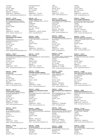 TUTICORIN
Tamil Nadu
Pincode : 628005
Fax : 3203686
Mobile No. : 9244441110
Telephone No. : 9688445544
Email : kannatradingcompany@gmail.com
KANCHEEPURAM DISTT,
Tamil Nadu
Pincode : 603002
Fax : 27421489
Mobile No. :
Telephone No. : 27421489
Email : sundkan@yahoo.co.in
THENI
Tamil Nadu
Pincode : 625531
Fax : 261566
Mobile No. :
Telephone No. : 252140
Email : indianflower@gmail.com
CHENNAI
Tamil Nadu
Pincode : 600053
Fax : 04424323295
Mobile No. :
Telephone No. : 9444731318
Email : kanneppas@yahoo.com
RCMC No. :  167102
KANSAI EXPORTS & IMPORTS
NO.3, KUMARAN NAGAR EXTENSION,
VIVEKANANDA MAIN ROAD, KOLATHUR,
CHENNAI
Tamil Nadu
Pincode : 600099
Fax :
Mobile No. :
Telephone No. : 26510986
Email : sairanjini_m@yahoo.co.in
RCMC No. :  921
KANWEL FOODS PVT LTD
181­183, SAMBANDAM ROAD ­ EAST,R.S.
PURAM,
COIMBATORE,
Tamil Nadu
Pincode : 641002
Fax : 0422 ­ 4369108
Mobile No. :
Telephone No. : 4369109, 4369106
Email : kanwel@airtelmail.in
RCMC No. :  173978
KANYA MARINE EXPORTERS
15/6, HARBOUR ROAD CHINNAMUTTOM
KANYAKUMARI
Tamil Nadu
Pincode : 629702
Fax : 247159
Mobile No. : 9842146422
Telephone No. : 248430
Email : kanyamarine@gmail.com
RCMC No. :  174624
KANYA POWER ENTERPRISES
B2, VENKATAVAA ORCHARD, PLOT NO 2993, Z BLOC
MAIN ROAD, 2ND STREET, ANNA NAGAR
CHENNAI
Tamil Nadu
Pincode : 600040
Fax : 26216338
Mobile No. : 9444829077
Telephone No. : 26216338
Email : anandan_official@yahoo.com
RCMC No. :  159215
KANYAKUMARI FISH EXPORTS
DOOR NO.14/6
CHINNAVILAIMANAVALAKURICHI PO
KANYAKUMARI DISTRICT
Tamil Nadu
Pincode : 629252
Fax : 200206
Mobile No. :
Telephone No. : 200206
Email : MANINEEXPORT@REDIFFMAIL.COM
RCMC No. :  31091
KARNIKAA EXPORTS
67, NO.2, NEW STREET, KITCHIPALAYAM,
SALEM
Tamil Nadu
Pincode : 636015
Fax :
Mobile No. :
Telephone No. : 9442702124
Email : ruckmangathan@asia.com
RCMC No. :  156608
KARPADHA AGRO FOODS
8A, CUDDALORE MAIN ROADPUDUPETTAI,
ATTUR TALUK
SALEM
Tamil Nadu
Pincode : 636102
Fax : 240959
Mobile No. :
Telephone No. : 240959
Email : arul26@gmail.com
RCMC No. :  171421
KARPAGA VINAAYAGA AGENCIES
NO.19­B, VIVEKANANDA NAGAR, SINGANALLUR
COIMBATORE
Tamil Nadu
Pincode : 641005
Fax :
Mobile No. :
Telephone No. : 2272989
Email : kavseles@rediffmail.com
RCMC No. :  156277
KARPAGAMS AGRO HITECHS INDIA P
PALLATHUKOOTAI KAVANDANUR VILLMATHUR
KRISHNAGIRI DIST
Tamil Nadu
Pincode : 635203
Fax : 256341
Mobile No. :
Telephone No. : 256341
Email : karpagamsagroindia@yahoo.co.in
RCMC No. :  157478
KART EXPORTS
NO.48, ANGAMMAN KOIL STREET,REDHILLS,
CHENNAI
Tamil Nadu
Pincode : 600052
Fax : 26591636
Mobile No. :
Telephone No. : 26323030
Email : kart.exports@gmail.com
RCMC No. :  174730
KARTHIK EXIM
NO.5, PANAGAL STREET, PANDIAN NAGAR,
TEPPAKULAM, ANUPPANADI ROAD,
MADURAI
Tamil Nadu
Pincode : 625009
Fax : 2312388
Mobile No. : 8870012845
Telephone No. : 2312388
Email : karthikpandian@karthikexim.com
RCMC No. :  164717
KARTIK INTERNATIONAL
10, AMERICAN MISSION LANE, KAMARAJAR ROAD,
MADURAI
Tamil Nadu
Pincode : 625009
Fax : 4379293
Mobile No. :
Telephone No. : 2324622
Email : hapin@kartikexports.com
RCMC No. :  160990
KARUNAA TEX
39, RAJA STREET, PALLIPALAYAM,
ERODE
Tamil Nadu
Pincode : 638006
Fax : 04288 242133
Mobile No. :
Telephone No. : 04288 242130
Email : karunaatex@sancharnet.in
RCMC No. :  170001
KARVEMBU TRADING COMPANY
4/19, KOVIL PUDHUR, KARUKKAMPALAYAM
P.O., SIVAGIRI,
ERODE
Tamil Nadu
Pincode : 638109
Fax :
Mobile No. :
Telephone No. : 260384
Email : karvembusales@gmail.com
RCMC No. :  153494
KASEE TRADERS
2/160, THURAIYUR ROAD,
MANNACHANALLUR
TRICHY
Tamil Nadu
Pincode : 621005
Fax : 2561541
Mobile No. : 9087900237
Telephone No. : 2560531
Email : kaseetraders@yahoo.com
RCMC No. :  173980
KASH AGRO EXPORT AND IMPORT
NO 7, KRISHNA NAGAR, WHITE GATE,
KANCHEEPURAM
Tamil Nadu
Pincode : 631502
Fax : 27277477
Mobile No. :
Telephone No. : 27277477
Email : deepthipandian@gmail.com
RCMC No. :  164163
KATHIR EXPORT & IMPORT
12/1B, MAIN ROAD, NAMBI THALAIVAN
PATTAYAM, NANGUNERI TK.,
TIRUNELVELI
Tamil Nadu
Pincode : 627115
Fax : 223599
Mobile No. : 8300180024
Telephone No. : 223599
Email : kathirvelthalaivar@yahoo.in
RCMC No. :  150432
KAVERI AGRO INDUSTRIES PRIVATE
LIMITED
NO.23, SALEM MAIN ROAD, KAVERIPATNAM,
KRISHNAGIRI,
DHARMAPURI
Tamil Nadu
Pincode : 635112
Fax : 242388
Mobile No. :
Telephone No. : 290578
Email : anbu_kaveri@yahoo.co.in
RCMC No. :  172684
KAVERI KRISHNA FRUIT PRODUCTS P
LTD
NO.748, SAPPANIPATTI VILL, KARAGUR
POST, KARIMANGALAM VIA,
KRISHNAGIRI TK
Tamil Nadu
Pincode : 635111
Fax :
Mobile No. :
Telephone No. : 9500446644
Email : kkfruit@gmail.com
RCMC No. :  10585
KAVERIS BIO PROTEINS PVT. LTD.
KAVERI GREEN FIELDS, KONGALATHUR LADDUVADI
NAMAKKAL
Tamil Nadu
Pincode : 637002
Fax : 222100
Mobile No. : 9443221218
Telephone No. : 9443221218
Email : doctor@kaverigroups.com
RCMC No. :  164774
KAVI EXPORT
24, DR. RAJAGOPAL STREET,
PARVATHIPURAM, MUSIRI P.O.,
TRICHY
Tamil Nadu
Pincode : 621211
Fax :
Mobile No. :
Telephone No. : 260593
Email : kaviexportindia@yahoo.com
RCMC No. :  168638
KAVI EXPORTS & IMPORTS
NO.26, KASPA KALLAR STREET, RAYANTHUR,
THANJAVUR
Tamil Nadu
Pincode : 613602
Fax :
Mobile No. : 9042022705
Telephone No. : 285544
Email : kavishankarexports@gmail.com
RCMC No. :  70342
KAVI EXPORTS & IMPORTS
NO.489, G.N.T.ROAD, THANDAL KAZHANI,
NEAR MSR WEIGH BRIDGE, RED HILLS
CHENNAI
Tamil Nadu
Pincode : 600066
Fax : 26320060
Mobile No. : 9444468333
Telephone No. : 26320060
Email : epoonga@yahoo.com
RCMC No. :  171345
KAVI EXPORTS AND IMPORTS
43, ANNA STREET, MANGADU,
CHENNAI
Tamil Nadu
Pincode : 600122
Fax :
Mobile No. :
Telephone No. : 9884870722
Email : kaviexportsimports@gmail.com
RCMC No. :  172421
KAVIN EXIM
OLD NO.277, NEW NO.422, AMMAPET MAIN
ROAD,
SALEM
Tamil Nadu
Pincode : 636001
RCMC No. :  174568
KAVINAAS EXPORTS
NO.150, GOPALAPURAM MAIN ROAD, MANNAR
SAMY KOIL,
TINDIVANAM
Tamil Nadu
Pincode : 604001
RCMC No. :  156985
KAVINIYA EXPORTS
NO.152/6N4, NORTH STREET,VELUR
NAMAKKAL DIST
Tamil Nadu
Pincode : 638182
RCMC No. :  172387
KAYA ENTERPRISES
NO.4/15, FIRST STREET, THIRUVALLUVAR NAGAR,
KODUNGAIYUR,
CHENNAI
Tamil Nadu
Pincode : 600118
 