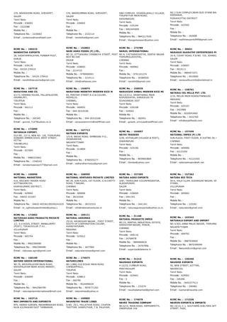 270, NARASHIMA ROAD, SHEVAPET,
SALEM
Tamil Nadu
Pincode : 636002
Fax : 2222288
Mobile No. :
Telephone No. : 2220003
Email : contactus@nandhidall.com
270, NARASIMMAN ROAD, SHEVAPET,
SALEM
Tamil Nadu
Pincode : 636002
Fax :
Mobile No. :
Telephone No. : 2222114
Email : nandidhal@gmail.com
SBA COMPLEX, SIGARALAPALLI VILLAGE,
TIRUPATTUR MAIN ROAD,
KRISHNAGIRI
Tamil Nadu
Pincode : 635104
Fax : 9942445094
Mobile No. :
Telephone No. : 9843217630
Email : thangameswari@yahoo.com
NO.3 SUN COMPLEX,NEAR BUS STAND BACKSIDE,
KEERANUR,
PUDUKKOTTAI DISTRICT
Tamil Nadu
Pincode : 622502
Fax :
Mobile No. :
Telephone No. : 262668
Email : nadhiniexports999@gmail.com
RCMC No. :  160215
NANDHITHA EXPORTS
28, SADAYAMPALAYAM, PUNNAM POST,
KARUR
Tamil Nadu
Pincode : 639136
Fax : 04324 279410
Mobile No. :
Telephone No. : 04324 279410
Email : nandhithaexports@gmail.com
RCMC No. :  152852
NANI AGRO FOODS (P) LTD.,
NO.32, OTTUKKARA CHINNAIYA STREET, POST
BOX NO.549
ERODE
Tamil Nadu
Pincode : 638003
Fax : 2214723
Mobile No. : 9790000001
Telephone No. : 2214111
Email : info@nafspices.com
RCMC No. :  173789
NANJIL INTERNATIONAL
NO 8, CHITHIRAIVEETHI, SENTHI NAGAR
THIRUMULLAIVOYAL,
CHENNAI
Tamil Nadu
Pincode : 600062
Fax :
Mobile No. : 9791101274
Telephone No. : 26380920
Email : nanjilintl@gmail.com
RCMC No. :  30651
NARASUS SAARATHY ENTERPRISES PRIVATE LI
16­A, COURT ROAD, P.B.NO. 725, JOHNSONPET
SALEM
Tamil Nadu
Pincode : 636007
Fax : 4010111
Mobile No. : 9894071071
Telephone No. : 4010000
Email : narasusflourmills@airtelmail.in
RCMC No. :  167719
NARAYANA AND CO.
4/173, HERMAN HOUSE, PALLAPALAYAM,
UDUMALPET,
TIRUPPUR
Tamil Nadu
Pincode : 642112
Fax :
Mobile No. :
Telephone No. : 265345
Email : govind_7107@yahoo.co.in
RCMC No. :  154874
NARAYANA MOORTHY MODERN RICE M
83, PERIYAR STREET,R.G.N.COLONY,
REDHILLS,
CHENNAI,
Tamil Nadu
Pincode : 600052
Fax : 044­26310166
Mobile No. :
Telephone No. : 044­26310166
Email : narayanammrm@rediffmail.com
RCMC No. :  156929
NARUVIZHI AMBAL MODERN RICE MI
NO.12/3/12, ARANTHANGI MAIN
ROPUDUVAYAL, KARAIKUDI TK
SIVAGANGAI DIST
Tamil Nadu
Pincode : 630108
Fax : 324042
Mobile No. :
Telephone No. : 282451
Email : gowsik_srinivas@rediffmail.com
RCMC No. :  158761
NATARAJ OIL MILLS PVT. LTD.
2/16, MELUR MAIN ROADUTHANGUDI
MADURAI
Tamil Nadu
Pincode : 625107
Fax : 2422989
Mobile No. : 8220043465
Telephone No. : 2422765
Email : info@anjalifoods.com
RCMC No. :  172099
NATARAJA EXPORT,
OLD NO. 127 A, NEW NO. 126, THIRUPURA
SUNDARI AMMAN KOVIL WEST STREET,
PETTAI
TIRUNELVELI
Tamil Nadu
Pincode : 627004
Fax :
Mobile No. : 9486322663
Telephone No. : 2340243
Email : nenatarajaexport77@gmail.com
RCMC No. :  167713
NATHAN EXPORTS
1/5­B, NAGAI ROAD, SEMBODAI P.O.,
VEDARANYAM,
NAGAPATTINAM
Tamil Nadu
Pincode : 614809
Fax :
Mobile No. :
Telephone No. : 8760555277
Email : nathandharmaiya@gmail.com
RCMC No. :  164607
NATHI TRADERS
5/50, KOTHALAM (VILLAGE & POST),
DHARMAPURI
Tamil Nadu
Pincode : 635106
Fax :
Mobile No. :
Telephone No. : 8939003864
Email : thimba@yahoo.com
RCMC No. :  157449
NATIONAL IMPEX (P) LTD
SUN PLAZA, FIRST FLOOR, B SUITNO.39, G.N.CHETY
CHENNAI
Tamil Nadu
Pincode : 600006
Fax : 42123355
Mobile No. :
Telephone No. : 42123355
Email : nationalimpex@eth.net
RCMC No. :  156056
NATIONAL MARKETERS
41A, RAILWAY FEEDER ROAD
KOTTNAGERCOIL
KANYAKUMARI DISTRICT,
Tamil Nadu
Pincode : 629002
Fax : 04652­221047
Mobile No. :
Telephone No. : 04652­403361/09345241010
Email : tn_nglhindustanlimited@yahoo.c
RCMC No. :  168959
NATIONAL VENTURES PRIVATE LIMITED
NO.39, SUN PLAZA, 1ST FLOOR, G.N.CHETTY
ROAD, T.NAGAR,
CHENNAI
Tamil Nadu
Pincode : 600006
Fax : 28152444
Mobile No. :
Telephone No. : 28152333
Email : info@nationalventures.in
RCMC No. :  157395
NATURA AGRO EXPORTS
3/87, TAHSILDAR COLONYREDDIYUR,
ALAGAPURAM,
SALEM
Tamil Nadu
Pincode : 636004
Fax : 2441341
Mobile No. :
Telephone No. : 2441341
Email : naturaagroexports@yahoo.co.in
RCMC No. :  157362
NATURA BIO TECH
50­K, KALA ILLAM, SUDHAGAR NAGAR, OPP. NEW B
STAND,
VILLUPURAM
Tamil Nadu
Pincode : 605602
Fax :
Mobile No. :
Telephone No. : 225281
Email : naturabio@gmail.com
RCMC No. :  172062
NATURAAS AGRO PRODUCTS PRIVATE
LIMITED
1/1. S.V.KOVIL STREET, MANALURPET
(POST), TIRUKOVILUR (T.K) ,
VILLUPURAM
Tamil Nadu
Pincode : 605754
Fax :
Mobile No. : 9962390490
Telephone No. : 9962390490
Email : naturaas.agro@gmail.com
RCMC No. :  169111
NATURAL ARROMAS
25/16, ARUMUGAM NAGAR , FIRST STREET,
SOUTH OF CORPORATION COLONY,
AVANIYAPURAM,
MADURAI
Tamil Nadu
Pincode : 625012
Fax :
Mobile No. :
Telephone No. : 2677002
Email : naturalarromas@gmail.com
RCMC No. :  31168
NATURAL PRODUCTS IMPEX
NO.23, SENTHIL INDUSTRIAL ESTATE,
DIRAVIYAM NAGAR, PORUR,
CHENNAI
Tamil Nadu
Pincode : 600116
Fax : 24768478
Mobile No. : 9840960634
Telephone No. : 24767906
Email : supariya@dataone.in
RCMC No. :  163342
NATURALS EXPORT AND IMPORT
NO.3/303, ANNA MALAI NAGAR, THIRUMARUGAL,
NAGAPATTINAM
Tamil Nadu
Pincode : 609702
Fax :
Mobile No. : 0887030604
Telephone No. : 8870306046
Email : NaturalsExim@gmail.com
RCMC No. :  166109
NATURE GREEN INTERNATIONAL
NO.70, ARISIPALAYAM MAIN ROAD,
ARISIPALAYAM NEAR AVVAI MARKET,
SALEM
Tamil Nadu
Pincode : 636009
Fax :
Mobile No. :
Telephone No. : 9942584799
Email : naturegreeninternational@mall.com
RCMC No. :  174073
NATURELINES
NO:1/88Q OLD KOVAI MAIN ROAD
CHENGAPPALLI,
TIRUPUR
Tamil Nadu
Pincode : 638812
Fax : 260790
Mobile No. : 9524490034
Telephone No. : 9976771202
Email : naturelines@yahoo.in
RCMC No. :  31214
NAUSHAD EXPORTS
4­12/33, CUMBUM ROAD,
PERIYAKULAM
Tamil Nadu
Pincode : 625601
Fax : 0
Mobile No. :
Telephone No. : 231674
Email : naushadahamed@gmail.com
RCMC No. :  150250
NAUSHIE EXPORTS
55, NEW STREET, KOTTAR,
NAGERCOIL
Tamil Nadu
Pincode : 629002
Fax : 245206
Mobile No. : 9443377513
Telephone No. : 240482
Email : luqman@naushie.com
RCMC No. :  163714
NAV IMPORETS AND EXPORETS
RFS, HANSA GARDEN, MADAMBAKKAM ROAD,
RAJA KILPAKKAM EAST TAMBARAM,
RCMC No. :  169805
NAVANITHI TRADE LINKS
D.NO. 25/1, PALLATHUR ROAD, COUPON
THOTTAM, VANIPUTHUR, T.N. PALAYAM,
RCMC No. :  174079
NAVEE TRADING COMPANY
NO.6/15, MAIN ROAD, PAPPAMPATTI,
ONDIPUDUR VIA
RCMC No. :  171536
NAVEEN EXPORTS & IMPORTS
NO.15/15, C­1, SOUTHERN SHELTERS APTS, BHAJAN
STREET, PADI,
 