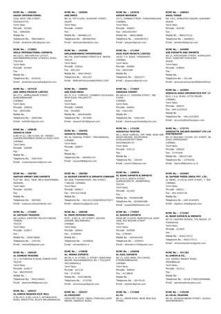 RCMC No. :  158204
AKASH INTERNATIONAL
2326, WEST 2ND STREET,
PUDUKKOTTAI
Tamil Nadu
Pincode : 622001
Fax : 25962665
Mobile No. :
Telephone No. : 9962568013
Email : akashintl.2001@gmail.com
RCMC No. :  169684
AKB IMPEX
NO.16, TOP FLOOR, SIVASAMY STREET,
SALEM
Tamil Nadu
Pincode : 636001
Fax :
Mobile No. : 9844001215
Telephone No. : 8050063504
Email : akbimpex@outlook.com
RCMC No. :  162934
AKGAM NEERWIN
33/71, PONNAN STREET, PURASAWALKAM,
CHENNAI,
Tamil Nadu
Pincode : 600007
Fax : 04422641067
Mobile No. : 9840128680
Telephone No. : 04465907611
Email : aakgam@gmail.com
RCMC No. :  168562
AKHIL FOODS
NO. 23/3, VENKATESH NAGAR, ALASANATHAM ROAD
HOSUR
Tamil Nadu
Pincode : 635109
Fax :
Mobile No. : 9845375122
Telephone No. : 26696051
Email : akhilfoods@gmail.com
RCMC No. :  172883
AKILA INTERNATIONAL EXPORTS,
NO.10/21, NACHIMUTHU LAYOUT,
KARUMARAMPALAYAM, UTHUKULI ROAD,
TIRUPUR
Tamil Nadu
Pincode : 641607
Fax :
Mobile No. :
Telephone No. : 6539335
Email : akilainternationaltup@gmail.com
RCMC No. :  162590
AKILANDESWARI ENTERPRISES
NO.756, ADHITHANAR STREET,K.K. NAGAR,
TRICHY
Tamil Nadu
Pincode : 620021
Fax : 4051263
Mobile No. : 9942144263
Telephone No. : 4051263
Email : BABUARIVALAGAN@YAHOO.COM
RCMC No. :  171466
AKJA EXIM PRIVATE LIMITED
18/2D, T.H. ROAD, TONDIARPET,
CHENNAI
Tamil Nadu
Pincode : 600081
Fax : 28203288
Mobile No. :
Telephone No. : 28203277
Email : akjaexim@gmail.com
RCMC No. :  164990
AKR EXPORTS AND IMPORTS
NO.15, PERIYASAMY STREET, AYEPALAYAM, SIRUVA
POST, GOBICHETTIPALAYAM
ERODE
Tamil Nadu
Pincode : 638054
Fax :
Mobile No. :
Telephone No. : 291148
Email : akrexportsimports2000@rediffmail.com
RCMC No. :  157310
AKR IMPEX PRIVATE LIMITED
NO.27/1, JAMBULINGAM STREET,
NUNGAMBAKKAM,
CHENNAI
Tamil Nadu
Pincode : 600034
Fax : 28203288
Mobile No. :
Telephone No. : 28203266
Email : kathi007@gmail.com
RCMC No. :  166054
AKS EXIM INDIA
NO.75, G.V. COMPLEX, CHINNERY VAYALKADU
MAIN ROAD, PALLAPATTY,
SALEM
Tamil Nadu
Pincode : 636009
Fax : 3016000
Mobile No. : 9843036485
Telephone No. : 3013005
Email : aksexim2010@gmail.com
RCMC No. :  172507
AKSHARA EXPORT
NO.68/16­17, GODOWN STREET, 2ND
FLOOR,
CHENNAI
Tamil Nadu
Pincode : 600001
Fax : 42621291
Mobile No. :
Telephone No. : 42621291
Email : aksharexportindia@gmail.com
RCMC No. :  163504
AKSHAYA AGRO INFORMATICS PVT. LTD.,
60/3, L.D.G. ROAD, LITTLE MOUNT,
CHENNAI,
Tamil Nadu
Pincode : 600015
Fax : 044 22352925
Mobile No. :
Telephone No. : 044 22352925
Email : accounts@akshayaagro.com
RCMC No. :  168628
AKSHAYA EXIM
N.NO.97,G2, 2ND FLOOR, RC­ PRINCE
GARDEN,PERAMBUR REDHILLS ROAD HIGH
CHENNAI
Tamil Nadu
Pincode : 600099
Fax :
Mobile No. :
Telephone No. : 25657010
Email : myakshayaexim@gmai.com
RCMC No. :  169353
AKSHAYA TRADERS,
NO.18, YADAVAL STREET, THRUVERKADU,
CHENNAI
Tamil Nadu
Pincode : 600077
Fax :
Mobile No. :
Telephone No. : 9444951737
Email : kansent80@gmail.com
RCMC No. :  173100
AKSHAYAA FRUITSS
NO.1, RAJA COMPLEX, OPP TNHB, NEAR SMK
WEIGH BRIDGE, SALEM MAIN
ROAD,KAVERIPATTINAM,
KRISHNAGIRI DT
Tamil Nadu
Pincode : 635112
Fax :
Mobile No. :
Telephone No. : 250234
Email : pvsmi73@gmail.com
RCMC No. :  173774
AKSSHATTA GOLDEN HARVEST LTD LIABILITY
PARTNERSHIP
NO 15, RAILWAY COLONY 1ST STREET, NELSON MAN
ROAD, AMINJIKARAI
CHENNAI
Tamil Nadu
Pincode : 600029
Fax : 23743528
Mobile No. : 9841071091
Telephone No. : 23743036
Email : datchu98@yahoo.co.in
RCMC No. :  166783
AKSYAM IMPORT AND EXPORTS
PLOT NO. 2816, TNHB, MELA ANUPPANADI,
MADURAI
Tamil Nadu
Pincode : 625009
Fax :
Mobile No. :
Telephone No. : 2697665
Email : sudarson.aksyam@sify.com
RCMC No. :  160300
AL BASHIR EXPORTS & IMPORTS COMPANY
NO.28/8, THARMAPURAM, 2ND STREET,
T.NAGAR, CHENNAI,
Tamil Nadu
Pincode : 600017
Fax : 044­42123928
Mobile No. :
Telephone No. : 044­42123928/09952075677
Email : albashirexp@gmail.com
RCMC No. :  168836
AL BISMI EXPORTS & IMPORTS
NO.3/33­A, NORTH STREET,
ELANGAKURICHY, MANAPPARAI,
TRICHY
Tamil Nadu
Pincode : 621302
Fax :
Mobile No. : 8220695288
Telephone No. : 8220695288
Email : asaali528@hotmail.com
RCMC No. :  162604
AL GAFOOR FOODS INDIA PVT. LTD.,
22 (NEW), 10 (OLD), RAJA STREET, T. NAGAR,
CHENNAI,
Tamil Nadu
Pincode : 600017
Fax : 044 24323734
Mobile No. :
Telephone No. : 044 24344953
Email : algafoor.india@gmail.com
RCMC No. :  172683
AL HAFIZAH TRADERS
NO.12/94/2, KAIETHEY MILLATH NAGAR
TENNUR,
TRICHY
Tamil Nadu
Pincode : 620017
Fax :
Mobile No. : 9500728602
Telephone No. : 2791291
Email : mikbal56@gmail.com
RCMC No. :  168268
AL IMAM INTERNATIONAL
PLOT­ 3/387­A, 1ST STREET, KAZURA
GARDEN, NEELANKARAI,
CHENNAI
Tamil Nadu
Pincode : 600041
Fax : 31929050
Mobile No. :
Telephone No. : 31929050
Email : alimam@live.in
RCMC No. :  174567
AL KAREEM EXPORTS
DOOR NO 313/470, MUNIYAPILLAI SHOP
LANE, BIG BAZAAR STREET
TRICHY
Tamil Nadu
Pincode : 620008
Fax : 2700403
Mobile No. : 9443401442
Telephone No. : 2700403
Email : alkareem1234@gmail.com
RCMC No. :  172262
AL NOOR EXPORTS & IMPORTS
NO.53, LAKSHMI AVENUE, TKS NAGAR, VALLAM (PO
THANJAVUR
Tamil Nadu
Pincode : 613403
Fax :
Mobile No. : 9443175712
Telephone No. : 9443175712
Email : alnoorexportsvlm@gmail.com
RCMC No. :  160330
AL SAMEEN TRADING
12­1, KUTHBISHA N AGAR,TENNUR POST
TRICHY,
Tamil Nadu
Pincode : 620017
Fax : 9843765765
Mobile No. :
Telephone No. : 9943144443
Email : alsameen09@gmail.com
RCMC No. :  174828
AL­ MINAR EXPORTS
NO 40, K. N. STORE, II STREET, NARAYANA
NAGAR, BIKSHANDARKOIL NO 1 TOLLGATE
TRICHIRAPALLI
Tamil Nadu
Pincode : 621216
Fax : 2710760
Mobile No. : 9443786786
Telephone No. : 2710760
Email : alminarexpo@gmail.com
RCMC No. :  156558
AL­ADIL EXPORTS
NO.15, LAKE AREA, 6TH CROSS
STNUNGAMBAKKAM,
CHENNAI
Tamil Nadu
Pincode : 600034
Fax : 42138818
Mobile No. :
Telephone No. : 28170120
Email : aladilex@gmail.com
RCMC No. :  161182
AL­AMEEN & CO.,
310, VADAKU MADAVI ROAD,
PERAMBALUR
Tamil Nadu
Pincode : 621212
Fax :
Mobile No. :
Telephone No. : 04328 275855/09940866130/99528
Email : alameenpblr@yahoo.com
RCMC No. :  169437
AL­AMEEN MODERN RICE MILL
S.NO.42/2, D.NO.110/A­5, MITHRAVAYAL
ROAD, SAKKOTTAI, BLOCK MELAMANAKUDI,
RCMC No. :  163437
AL­CRESCENT
CRESCENT HOUSE, 448/A1,THIRUVALLUVAR
NAGAR, DINDIGUL ROAD,
RCMC No. :  171960
AL­FA
NO.17, UNION ROAD, NEAR NEW BUS
STAND,
RCMC No. :  170248
AL­HILAL TRADING
NO.35, JAYARAM NADAR STREET, LALAGUNTA
WASHERMENPET,
 