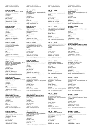 Telephone No. : 9443268201
Email : sakthiveltc@gmail.com
Telephone No. : 2624722
Email : rajimpexmdu@gmail.com
Telephone No. : 4210784
Email : rajintl@hotmail.com
Telephone No. : 42728091
Email : rajniro@hotmail.com
RCMC No. :  169939
RAJ SPECIALITY CHEMICALS (P) LTD
74, SOUTH EMPORER STREET
TUTICORIN
Tamil Nadu
Pincode : 628001
Fax : 2335501
Mobile No. : 9360655001
Telephone No. : 2323875
Email : rajspeciality@gmail.com
RCMC No. :  172592
RAJ SPICES
NO.303­A, 1ST FLOOR, MOHANRAM NAGAR,
MUGAPPAIR EAST,
CHENNAI
Tamil Nadu
Pincode : 600037
Fax :
Mobile No. :
Telephone No. : 2660277
Email : info@rajspices.biz
RCMC No. :  174542
RAJ TECH
146 E, MAIN ROAD, MANICKAMPALAYAM
ERODE
Tamil Nadu
Pincode : 638011
Fax : 2411946
Mobile No. : 9944920584
Telephone No. : 2411946
Email : newlandfoods@gmail.com
RCMC No. :  153139
RAJA AGENCIES
P.B.NO.32, OPP. BHARATH PETROLEUM,BYEPASS RO
MADATHUR,
TUTICORIN
Tamil Nadu
Pincode : 628008
Fax :
Mobile No. :
Telephone No. : 2340332
Email : rajaship@md4.vsnl.net.in
RCMC No. :  167375
RAJA EXPORTERS
19, BAGAVATHIPURAM, 1ST STREET,
THIRUVERUMBUR,
TRICHY
Tamil Nadu
Pincode : 620013
Fax :
Mobile No. : 9842536649
Telephone No. : 9688488877
Email : alrajkapoor@gmail.com
RCMC No. :  173763
RAJA EXPORTS
47/1, PERIYAVILAI, KUMARAPPAPURAM,
KOTTARAM (PO),
KANYAKUMARI DISTRICT
Tamil Nadu
Pincode : 629703
Fax :
Mobile No. :
Telephone No. : 270452
Email : rajasexportindia@gmail.com
RCMC No. :  169928
RAJA FRANKLIN EXIM ENTERPRISES
4/46, CHURCH STREET, VAILANKANNI,
NAGAPATTINAM
Tamil Nadu
Pincode : 611111
Fax :
Mobile No. :
Telephone No. : 263359
Email : rajafranklin.exim@gmail.com
RCMC No. :  170950
RAJA IMPEX
NO.23/41, PUNUGEESWARAR MELA VEEDHI, KORANA
MAYILADUTHURAI,
NAGAI
Tamil Nadu
Pincode : 609002
Fax :
Mobile No. :
Telephone No. : 220465
Email : rrajaimpexinfo@gmail.com
RCMC No. :  169429
RAJA TRADING COMPANY
5/50, MAIN BAZAR, KADALADY,
RAMANATHAPURAM
Tamil Nadu
Pincode : 623703
Fax :
Mobile No. :
Telephone No. : 9789030025
Email :
rajatradingcompanykadalady@gmail.com
RCMC No. :  164474
RAJA TRADING CORPORATION
2/43, AMMAPALAYAM, SANTHIYUR,
ATTAIYAMPATTI POST, MALLUR VIA,
SALEM
Tamil Nadu
Pincode : 636203
Fax : 2422059
Mobile No. : 9994556786
Telephone No. : 2422059
Email : rajatradingcorporation@yahoo.com
RCMC No. :  171194
RAJAH RANI IMPEX PRIVATE LIMITED
NO.F1/A, SIDCO INDUSTRIAL ESTATE,
K.PUDUR,
MADURAI
Tamil Nadu
Pincode : 625007
Fax : 2566750
Mobile No. : 9842139080
Telephone No. : 2566750
Email : raja@rajaraniimpex.com
RCMC No. :  165615
RAJAM CONDIMENTS PRIVATE LIMITED
24/1, 2ND STREET, NORTH BOAG ROAD, T.NAGAR
CHENNAI
Tamil Nadu
Pincode : 600017
Fax : 22490438
Mobile No. : 9840198170
Telephone No. : 28152812
Email : ravispickle@yahoo.co.in
RCMC No. :  6312
RAJAMA EXPORT
SF NO.33­B, 34, 35/1,2 AND 5, 63/2, NO.27,
VANDALUR ­ KELAMBAKKAM ROAD,
KATTANKULATHUR BLOCK
CHENGALPATTU
Tamil Nadu
Pincode : 600048
Fax : 45504055
Mobile No. : 9444102018
Telephone No. : 24450909
Email : manager@rajamaexport.com
RCMC No. :  167989
RAJAMA INTERNATIONAL
NO.66, SOUTH LAKSHMIPURAM, KOVILPATTY
ROAD, MANAPPARAI TK,
TRICHY
Tamil Nadu
Pincode : 621306
Fax : 2421744
Mobile No. :
Telephone No. : 9566622335
Email : rajaminternational@gmail.com
RCMC No. :  168995
RAJAMMA AGRO PRODUCTS
NO.3/33, IYER LINE, SWARNAPURI,
SALEM
Tamil Nadu
Pincode : 636004
Fax :
Mobile No. :
Telephone No. : 2484948
Email : prabhakar22slm@bsnl.in
RCMC No. :  157018
RAJAMMAL IMPEX PVT. LTD.,
21 E SBK COLLEGE ROAD
ARUPPUKOTTAI
Tamil Nadu
Pincode : 626101
Fax : 220652
Mobile No. :
Telephone No. : 220652
Email : rajammalimpex@yahoo.co.in
RCMC No. :  170952
RAJAN EXPORTS AND IMPORTS
3/100, 3/164, PANDIAN NAGAR 8TH STREET,
PARASURAMAN PATTI
MADURAI
Tamil Nadu
Pincode : 625007
Fax :
Mobile No. : 7708020805
Telephone No. : 3190805
Email : rajanexports@hotmail.com
RCMC No. :  170668
RAJANARAYAN GLOBAL
RAJA NARAYAN TOWERS, 70, RACE COURSE,
COIMBATORE
Tamil Nadu
Pincode : 641018
Fax : 4392220
Mobile No. :
Telephone No. : 4392222
Email : stella@rajanarayan.com
RCMC No. :  153122
RAJARAJAN COMPANY
16, WHANNELS ROAD,EGMORE,
CHENNAI.
Tamil Nadu
Pincode : 600008
Fax : 91 461 2325826
Mobile No. :
Telephone No. : 0461­2321276, 2321926
Email : ttn_albert@sancharnet.in
RCMC No. :  166914
RAJARANI IMPEX
F­1/A, 1ST FLOOR, SIDCO INDUSTRIAL ESTATE, K. P
MADURAI
Tamil Nadu
Pincode : 625007
Fax : 2566750
Mobile No. : 9842138080
Telephone No. : 2566750
Email : raja@rajaraniimpex.com
RCMC No. :  164165
RAJARATHINAM AGENCIES
9A/576­1, SAGAYAM THAPATTINAM,
MAPPILLAIYOORANI, PANCHAYAT,
TUTICORIN
Tamil Nadu
Pincode : 628002
Fax :
Mobile No. :
Telephone No. : 2361518
Email : srinivashexim@gmail.com
RCMC No. :  163220
RAJATHI BIOTECH PRIVATE LIMITED
NO.1, RANGANATHAN AVENUE, MILLERS
ROAD, KILPAUK,
CHENNAI
Tamil Nadu
Pincode : 600010
Fax : 42184666
Mobile No. :
Telephone No. : 42176986
Email : biotech@rajathi.com
RCMC No. :  167430
RAJATHI EXPORTS
48, RC, BHARATHAR STREET,
MEENAKSHIPURAM, AGASTHEESWARAM,
NAGERCOIL,
KANYAKUMARI
Tamil Nadu
Pincode : 629001
Fax : 237111
Mobile No. :
Telephone No. : 232111
Email : info@rajathiexports.com
RCMC No. :  173009
RAJESH AGENCIES,
14/B, P.O, ROAD, KRISHNASWAMY NAGAR,
COIMBATORE
Tamil Nadu
Pincode : 641045
Fax : 2323727
Mobile No. : 9843031726
Telephone No. : 2323726
Email : rajeshagencies.cbe@gmail.com
RCMC No. :  168961
RAJESHREE EMU FARMS
60/10, STAR COMPLEX, PERUMAL KOVIL
WEST CAR STREET,
TIRUNELVELI JUNCTION
Tamil Nadu
Pincode : 627001
Fax : 2331066
Mobile No. : 9930455597
Telephone No. : 2331066
RCMC No. :  162601
RAJESHWARI EXPORTS
4, CORPORATION BUILDING (NEAR WATER
TANK), TIRUCHENDUR ROAD,
PALAYAMKOTTAI,
TIRUNELVELI,
Tamil Nadu
Pincode : 627002
Fax : 0462 2577457
Mobile No. :
Telephone No. : 0462 2577457/09843557457
RCMC No. :  153072
RAJESWARI FOOD BEVERAGE
PLOT NO.4,5,6,7, NOVA COLONY ROAD,
PANDAMANGALAM, WORAIYUR
TIRUCHIRAPALLI
Tamil Nadu
Pincode : 620003
Fax : 2769589
Mobile No. :
Telephone No. : 2761238
RCMC No. :  173886
RAJKAMAL ENTERPRISES
NO.3/9, JANAKIRAM NAGAR, 1ST STREET 
PERAMBUR,
CHENNAI
Tamil Nadu
Pincode : 600011
Fax :
Mobile No. :
Telephone No. : 25582150
 