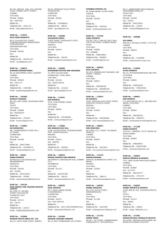 NO.234, (NEW NO. 198), 18­A, GROUND
FLOOR, THAMBU CHETTY STREET,
CHENNAI
Tamil Nadu
Pincode : 600001
Fax : 42627250
Mobile No. :
Telephone No. : 25251110
Email : baburgl@airtelmail.in
NO.5A, SRINIVASA PILLAI STREET,
PUDUPALAYAM,
CUDDALORE
Tamil Nadu
Pincode : 607001
Fax :
Mobile No. : 9790288161
Telephone No. : 288161
Email : rgscud@gmail.com
RHOMBUS APPAREL CO.
95, ASHER NAGER, 40 FEET ROAD,
TIRUPUR
Tamil Nadu
Pincode : 641603
Fax :
Mobile No. :
Telephone No. : 4540330
Email : rombhusac@yahoo.com
NO.11, ANNAPOORNA ROAD EDUMALAI
ROAD,MANNACHANALLUR
TRICHY DIST
Tamil Nadu
Pincode : 621005
Fax : 235702
Mobile No. : 9443156541
Telephone No. : 235292
Email : riceland2009@gmail.com
RCMC No. :  172972
RICH FOOD PRODUCTS
NO.6, PILLAIYAR KOIL STREET,
VISWANATHAPURAM, NANDHIVARAM,
GUDUVANCHERRY
KANCHEEPURAM DIST
Tamil Nadu
Pincode : 603202
Fax :
Mobile No. :
Telephone No. : 9444751163
Email : riyaz68@gmail.com
RCMC No. :  164589
RICHGREEN IMPEX
"HIKEY FARMS", KAPPALAPATTI POST,
OTTANCHATTRAM,
DINDIGUL
Tamil Nadu
Pincode : 624614
Fax :
Mobile No. :
Telephone No. : 282166
Email : richgreenimpex@yahoo.com
RCMC No. :  172229
RINIS EXPORTS
OLD NO. 72K/11, NEW NO.106/2, BALU
CHETTIYAR STREET, KENNEDY NAGAR
SALEM
Tamil Nadu
Pincode : 636005
Fax : 4056080
Mobile No. : 9488120832
Telephone No. : 4020832
Email : rinis2001@gmail.com
RCMC No. :  166688
RIO IMPEX
NEW NO.4, MUTHAILU STREET, LITTLE MOUNT, SAID
CHENNAI
Tamil Nadu
Pincode : 600015
Fax :
Mobile No. :
Telephone No. : 43195000
Email : sudharsan@rio­impex.com
RCMC No. :  168813
RISHABH INTERNATIONAL
NO.3/2 SEETHAMMAL ROAD, ALWARPET
CHENNAI
Tamil Nadu
Pincode : 600018
Fax : 42011177
Mobile No. :
Telephone No. : 43407000
Email : pkgoenkagogo@gmail.com
RCMC No. :  156086
RIVERBANK ESTATES AND HOLDINGS
25, ARTS COLLEGE ROAD,
COIMBATORE / TAMIL NADU
Tamil Nadu
Pincode : 641018
Fax : 04295­245218
Mobile No. :
Telephone No. : 2216132
Email : tgamango@gmail.com
RCMC No. :  168525
RIYA EXPORTS
NO.19/9, UPARAPALAYA THUKARAM, 2ND
STREET, T.NAGAR,
CHENNAI
Tamil Nadu
Pincode : 600017
Fax :
Mobile No. : 9092984108
Telephone No. : 9092984108
Email : riyaexportss@yahoo.com
RCMC No. :  173609
RIYAS EXPORTS
NO.131, MUTHUKRISHNAPURAM 2ND STREET
TUTICORIN
Tamil Nadu
Pincode : 628001
Fax :
Mobile No. : 9789182544
Telephone No. : 9789182544
Email : riyasexports@gmail.com
RCMC No. :  163506
RIZRAAJ TRADERS
NO.178, LARA TOWER, PALAKKARAI MAIN
ROAD,
TRICHY
Tamil Nadu
Pincode : 620008
Fax : 9843029797
Mobile No. :
Telephone No. : 2702297
Email : trzmsr27@gmail.com
RCMC No. :  174541
RJM EXPORTS
4/274, LOURTHAMMAL PURAM
TUTICORIN
Tamil Nadu
Pincode : 628001
Fax :
Mobile No. :
Telephone No. : 9791583816
Email : rjmexports@gmail.com
RCMC No. :  173637
RK EXPORTS
3/470, THIRUVALLUVAR CROSS STREET,
SURVEYOR COLONY,K.PUDUR,
MADURAI
Tamil Nadu
Pincode : 625007
Fax :
Mobile No. :
Telephone No. : 9442040400
Email : exim.rkexports@gmail.com
RCMC No. :  169831
RKR EXPORTS
F­2, KAVITHALAYA, NO.21, 2ND MAIN ROAD, RAJALA
NAGAR, VELACHERY,
CHENNAI
Tamil Nadu
Pincode : 600042
Fax :
Mobile No. : 9962556332
Telephone No. : 42824473
Email : chandrasekaranrajesh@gmail.com
RCMC No. :  173864
RM EXPORTERS
28C, VISWESWARAYA STREET NO.1,
K.K.PUDUR
COIMBATORE
Tamil Nadu
Pincode : 641038
Fax :
Mobile No. : 9940773682
Telephone No. : 4224384710
Email : rmexpocbe@gmail.com
RCMC No. :  173860
RMJ MODERN RICE MILL
2/168, ALATHUR ROAD, THIRUMALAPURAM
POST, OOMATCHIKULAM,
MADURAI
Tamil Nadu
Pincode : 625014
Fax : 6506781
Mobile No. :
Telephone No. : 6506781
Email : thangapandi.j@gmail.com
RCMC No. :  168841
RMP XPORTERS
NO.2/388, V.O.C, STREET, M.A.NAGAR
REDHILLS,
CHENNAI
Tamil Nadu
Pincode : 600052
Fax :
Mobile No. :
Telephone No. : 26419623
Email : rmp.xporterscompany@gmail.com
RCMC No. :  171268
ROBIN EXPORTS
43/10­A3, ''LEBANON'', SCOTT NAGAR AVENUE, NAG
KANYA KUMARI
Tamil Nadu
Pincode : 629003
Fax :
Mobile No. : 9486269551
Telephone No. : 0465235368
Email : robinexports@yahoo.com
RCMC No. :  30633
ROBIN EXPORTS
EATHAVILLAI, KOLLAKUDIVILLAI,
MEKAMANDAPAM,
NAGERCOIL
Tamil Nadu
Pincode : 629166
Fax : 257049
Mobile No. : 9443152903
Telephone No. : 252903
Email : robinsonexports@hotmail.com
RCMC No. :  168534
ROHINI EXPORTS AND IMPORTS
EACHAMPATTI, NAKKASALEM (VIA), KUNNAM
(TK.)
PERAMBALUR
Tamil Nadu
Pincode : 621118
Fax :
Mobile No. : 9443755796
Telephone No. : 296139
Email : rohiniexpimp@yahoo.com
RCMC No. :  173133
ROHINI KRISHNA
DOOR NO.18,MEENAKSHI STREET, K.K.
NAGAR
MADURAI
Tamil Nadu
Pincode : 625020
Fax :
Mobile No. :
Telephone No. : 2584121
Email : rohinikrishnaexp@gmail.com
RCMC No. :  156052
ROHITH IMPORTS & EXPORTS
7/9­C, NEW COLONY MAIN ROAD ALWARTHIRUNAGA
CHENNAI
Tamil Nadu
Pincode : 600087
Fax : 23773277
Mobile No. : 9841043777
Telephone No. : 23773277
Email : rohithimpex@yahoo.com
RCMC No. :  159150
ROJA ENERGY AND TRADING PRIVATE
LIMITED
NO.128/8, ST. MICHAEL
STREET,T.KALLIKULAM
TIRUNELVELI DIST
Tamil Nadu
Pincode : 627113
Fax : 235157
Mobile No. :
Telephone No. : 235157
Email : TENNISON203@YAHOO.COM
RCMC No. :  160635
ROJA EXPORTS
NO.7, RAHUL GANDHI NAGAR,
K.VADAMADURAI,
COIMBATORE
Tamil Nadu
Pincode : 641017
Fax : 0422 3025310
Mobile No. :
Telephone No. : 0422 3035310/9994431416
Email : rojaexporters@yahoo.com
RCMC No. :  166452
ROOBA AGENCIES
NO.1/274, SALIYA STREET,
SANGAMANGALAM,
SIKKAL
Tamil Nadu
Pincode : 611108
Fax :
Mobile No. :
Telephone No. : 26323300
Email : roobaagencies123@gmail.com
RCMC No. :  156603
ROOBA IMPORTS & EXPORTS
3/108, NEW NO 3/91, POOSARIPATNEYVELI POST, M
(TK)
TRICHY
Tamil Nadu
Pincode : 621217
Fax : 209042
Mobile No. :
Telephone No. : 209042
Email : mloga_76@yahoo.co.in
RCMC No. :  152606
ROSHAN FRUITS INDIA PVT. LTD.
NO.6­A, SOUTH MADA STREET, NEWPET,
RCMC No. :  161964
ROSHINI TRADING COMPANY
NO.14, WEST PONNAGARAM 10TH STREET,
RCMC No. :  171742
ROSMA IMPEX
NO.49­1, 1ST STREET, PONNERIPURAM,
PONMALAIPATTI, TRICHIRAPPALLI,
RCMC No. :  171981
ROSUN NATURAL PRODUCTS PRIVATE LIMITED
NO.6/2302, THIRUVALLUVAR AVENUE LAKSHMI
NAGAR,PITCHANDAR KOIL(POST
 