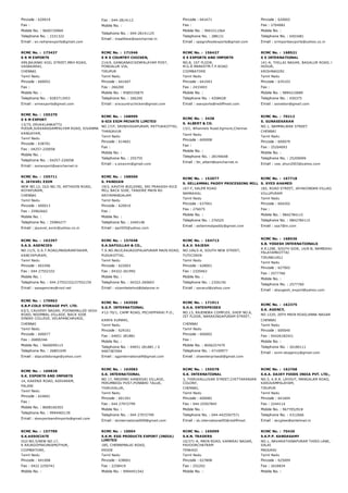 Pincode : 620019
Fax :
Mobile No. : 9600729969
Telephone No. : 2331322
Email : sn.raihanexports@gmail.com
Fax : 044­2814112
Mobile No. :
Telephone No. : 044­28141125
Email : maatthew@sancharnet.in
Pincode : 641671
Fax :
Mobile No. : 9943311564
Telephone No. : 288131
Email : spagrofoodexports@gmail.com
Pincode : 620002
Fax : 2704082
Mobile No. :
Telephone No. : 6503481
Email : srimportsexports@yahoo.co.in
RCMC No. :  173437
S R M EXPORTS
499,BAJANAI KOIL STREET,MRH ROAD,
VADAKARAI,
CHENNAI
Tamil Nadu
Pincode : 600052
Fax :
Mobile No. :
Telephone No. : 9283713453
Email : srmexports@gmail.com
RCMC No. :  171946
S R S COUNTRY CHICKEN,
214/4, GANGANAICKENPALAYAM POST,
PONGALUR VIA,
TIRUPUR
Tamil Nadu
Pincode : 641607
Fax : 266200
Mobile No. : 9585535875
Telephone No. : 266200
Email : srscountrychicken@gmail.com
RCMC No. :  156427
S S EXPORTS AND IMPORTS
NO.8, 1ST FLOOR,
M.G.R.MARKETM.T.P.ROAD
COIMBATORE
Tamil Nadu
Pincode : 641043
Fax : 2433403
Mobile No. :
Telephone No. : 4208428
Email : ssexports@rediffmail.com
RCMC No. :  168521
S S INTERNATIONAL
141­A, THILLAI NAGAR, BAGALUR ROAD, NALLUR PO
HOSUR,
KRISHNAGIRI
Tamil Nadu
Pincode : 635103
Fax :
Mobile No. : 9894210689
Telephone No. : 650375
Email : ssination@gmail.com
RCMC No. :  155270
S S M EXPORT
13/75, ERUKKLANKATTU
PUDUR,SIKKARASAMPALYAM ROAD, SIVANMA
KANGAYAM,
Tamil Nadu
Pincode : 638701
Fax : 04257­220058
Mobile No. :
Telephone No. : 04257­220058
Email : ssmexport@sancharnet.in
RCMC No. :  168999
S­SIX EXIM PRIVATE LIMITED
NO.17/F, SRINIVASAPURAM, PATTUKKOTTAI,
THANJAVUR
Tamil Nadu
Pincode : 614601
Fax :
Mobile No. :
Telephone No. : 255755
Email : s.sixexim@gmail.com
RCMC No. :  3438
S. ALBERT & CO.
13/1, Whannels Road.Egmore,Chennai
Tamil Nadu
Pincode : 600008
Fax :
Mobile No. :
Telephone No. : 28194648
Email : ttn_albert@sancharnet.in
RCMC No. :  70212
S. GUNASEKARAN
NO.1, NAMMALWAR STREET
CHENNAI
Tamil Nadu
Pincode : 600079
Fax : 25204093
Mobile No. :
Telephone No. : 25209099
Email : vee_shun2003@yahoo.com
RCMC No. :  155711
S. JAYAVEL EXIM
NEW NO.12, OLD NO.70, ARTHOON ROAD,
ROYAPURAM,
CHENNAI
Tamil Nadu
Pincode : 600013
Fax : 25962662
Mobile No. :
Telephone No. : 25984277
Email : jayavel_exim@yahoo.co.in
RCMC No. :  168560
S. PANDIAN
19/2, KAVIYA BUILDING, SRI PRAKASH RICE
MILL BACK SIDE, TANJORE MAIN RD
ARIYAMANGALAM
Tamil Nadu
Pincode : 620010
Fax :
Mobile No. :
Telephone No. : 2440148
Email : apn555@yahoo.com
RCMC No. :  152077
S. SELLAMMAL PADDY PROCESSING MILL
167­F, SALEM ROAD
NAMAKKAL
Tamil Nadu
Pincode : 637001
Fax : 276075
Mobile No. :
Telephone No. : 276525
Email : sellammalpaddy@gmail.com
RCMC No. :  167718
S. SYED AHAMED
182, ROAD STREET, JAYAKONDAN VILLAGE & P.O., G
VILLUPURAM
Tamil Nadu
Pincode : 604202
Fax :
Mobile No. : 9842784115
Telephone No. : 9842784115
Email : ssa7@in.com
RCMC No. :  162397
S.A.S. AGENCIES
NO.11/5, G.S.T.ROAD,MADURANTAKAM,
KANCHIPURAM,
Tamil Nadu
Pincode : 603306
Fax : 044 27552332
Mobile No. :
Telephone No. : 044 27552332/27552159
Email : sasagencies@vsnl.net
RCMC No. :  157648
S.A.SAFIULLAH & CO.,
T.S.NO.9610,RAJAGOPALAPURAM MAIN ROAD,
PUDUKOTTAI,
Tamil Nadu
Pincode : 622003
Fax : 04322­261992
Mobile No. :
Telephone No. : 04322­260603
Email : nizambetelnut@dataone.in
RCMC No. :  164713
S.A.V. RAJESH
NO.106/2­A, SOUTH NEW STREET,
TUTICORIN
Tamil Nadu
Pincode : 628001
Fax : 2320463
Mobile No. :
Telephone No. : 2326156
Email : savarul@yahoo.com
RCMC No. :  168536
S.B. YOGESH INTERNATIONALS
A.R.LINE, SOUTH SIDE, 14/8­B, NAMBIKKAI NAGAR
PALAYAMKOTTAI
TIRUNELVELI
Tamil Nadu
Pincode : 627002
Fax : 2577760
Mobile No. :
Telephone No. : 2577760
Email : sbyogesh_export@yahoo.com
RCMC No. :  170963
S.B.P.COLD STORAGE PVT. LTD.
63/3, CAUVERY NAGAR, POONAMALLEE HIGH
ROAD, NOOMBAL VILLAGE, BACK SIDE
SINDHI COLLEGE, VELAPANCHAVADI,
CHENNAI
Tamil Nadu
Pincode : 600077
Fax : 26800346
Mobile No. : 9600099115
Telephone No. : 26801049
Email : sbpcoldstorage@yahoo.com
RCMC No. :  163550
S.G.P. INTERNATIONAL
#12­70/1, CAMP ROAD, PECHIPPARAI P.O.,
KANYA KUMARI,
Tamil Nadu
Pincode : 629161
Fax : 04651 281881
Mobile No. :
Telephone No. : 04651 281881 / 0
9487387094
Email : sgpinternational9@gmail.com
RCMC No. :  171911
S.H.A. ENTERPRISES
NO.13, RAJENDRA COMPLEX, SHOP NO.6,
IST FLOOR, NARASINGAPURAM STREET,
CHENNAI
Tamil Nadu
Pincode : 600002
Fax :
Mobile No. : 8056257470
Telephone No. : 47100977
Email : shaenterprises6@gmail.com
RCMC No. :  162375
S.K. AGENCY,
NO.1220, 20TH MAIN ROAD,ANNA NAGAR WEST,
CHENNAI
Tamil Nadu
Pincode : 600040
Fax : 04426182421
Mobile No. :
Telephone No. : 26180111
Email : exim.skagency@gmail.com
RCMC No. :  169828
S.K. EXPORTS AND IMPORTS
14, KAKENJI ROAD, ADIVARAM,
PALANI
Tamil Nadu
Pincode : 624601
Fax :
Mobile No. : 8608160303
Telephone No. : 9994465139
Email : skexportsandimports@gmail.com
RCMC No. :  163083
S.K. INTERNATIONAL
NO.17, MADIMAI KANDIGAI VILLAGE,
PERUMBEDU POST,PONNERI TALUK,
THIRUVALUR,
Tamil Nadu
Pincode : 601201
Fax : 044 27972799
Mobile No. :
Telephone No. : 044 27972799
Email : skinternational009@gmail.com
RCMC No. :  155578
S.K. INTERNATIONAL
3, THIRUVALLUVAR STREET,CHITTARANJAN
COLONY,
CHENNAI,
Tamil Nadu
Pincode : 600082
Fax : 044­25507845
Mobile No. :
Telephone No. : 044­4425507571
Email : sk.international05@rediffmail.
RCMC No. :  162768
S.K.A. DAIRY FOODS INDIA PVT. LTD.,
NO.5, K.R.R. LAYOUT, MANGALAM ROAD,
KARUVAMPALAYAM,
TIRUPUR
Tamil Nadu
Pincode : 641604
Fax : 2244114
Mobile No. : 9677052918
Telephone No. : 4312666
Email : skcghee@airtelmail.in
RCMC No. :  157789
S.K.ASSOCIATE
OLD NO.5/NEW NO.17,
K.RAJAGOPAKUNIAMUTHUR,
COIMBATORE,
Tamil Nadu
Pincode : 641008
Fax : 0422 2250741
Mobile No. :
RCMC No. :  10004
S.K.M. EGG PRODUCTS EXPORT (INDIA)
LIMITED
185, CHENNIMALAI ROAD,
ERODE
Tamil Nadu
Pincode : 638001
Fax : 2258419
Mobile No. : 9994451542
RCMC No. :  165099
S.K.N. TRADERS
10/371­A, MAIN ROAD, KAMARAJ NAGAR,
PAVOORCHATRAM
TENKASI
Tamil Nadu
Pincode : 627808
Fax : 252202
Mobile No. :
RCMC No. :  70426
S.K.P.P. KANDASAMY
NO.1, NAVARATHINAPURAM THIRD LANE, KAMARAJA
SALAI
MADURAI
Tamil Nadu
Pincode : 625009
Fax : 2626834
Mobile No. :
 