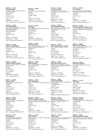 RCMC No. :  157017
S.SATHESHKUMAR
NO.108­A, BANGARU AMMAN COLONYNR
COLLECTOR OFFICE,
KANCHIPURAM
Tamil Nadu
Pincode : 631502
Fax : 27237004
Mobile No. :
Telephone No. : 27237004
Email : satheshkumar_1973@yahoo.co.in
RCMC No. :  168295
S.V. IMPEX
NO.142, STATION ROAD, KORATTUR,
CHENNAI
Tamil Nadu
Pincode : 600080
Fax :
Mobile No. : 9941116477
Telephone No. : 26246336
Email : svimpexindia@yahoo.com
RCMC No. :  160168
S.V. POULTRY FARM
ERANNKADU, VELLAKKAL PATTI
P.O.,NAMAGIRIPET, RASIPURAM TALUK,
NAMAKKAL
Tamil Nadu
Pincode : 637406
Fax : 241309
Mobile No. : 9443740189
Telephone No. : 240189
Email : paffoodnmg@yahoo.in
RCMC No. :  169379
S.V.T. TRADER
83­A/3, KARUPPASAMY KOVIL STREET,
SUBRAMANIYAPURAM, AMBASAMUDRAM,
TIRUNELVELI
Tamil Nadu
Pincode : 627401
Fax :
Mobile No. :
Telephone No. : 9655978474
Email : shankard201978@gmail.com
RCMC No. :  173513
S2P2 INTERNATIONAL
NO.119, THANTHONISHWAR KOIL STREET,
AGARAMDHULI VILLAGE &
POST,UTHIRAMERUR,
KANCHIPURAM DIST
Tamil Nadu
Pincode : 603406
Fax :
Mobile No. : 9444738539
Telephone No. : 27290971
Email : s2p2international@gmail.com
RCMC No. :  172971
SA EXPORTS
NO.78, ANNAI BACKIAM NAGAR, MADAKUDI
PO, LALGUDI TK,
TRICHY DISTRICT
Tamil Nadu
Pincode : 621112
Fax :
Mobile No. :
Telephone No. : 9994376184
Email : saexports74@gmail.com
RCMC No. :  166548
SAAI ANANDHAA EXPORTS
NO.54, NEW NO.90, FLAT NO.B­12, IIND
FLOOR, PILLAIYAR KOIL STREET,
VADAPALANI
CHENNAI
Tamil Nadu
Pincode : 600026
Fax : 24833505
Mobile No. : 0996259215
Telephone No. : 24833505
Email : anandhaintl@gmail.com
RCMC No. :  169934
SAAI INTERNATIONAL IMPORTS & EXPORTS
C2, F2, CAR SHED ROAD, CHINNASAMY ILLAM, NEAR
RAILWAY QUARTERS, ANTONY NAGAR, ANNANUR,
CHENNAI
Tamil Nadu
Pincode : 600109
Fax :
Mobile No. : 9551377136
Telephone No. : 9003437720
Email : amrabaled@gmail.com
RCMC No. :  172854
SAARAH INTERNATIONAL
NEW NO.186, NORTH MAIN ROAD, ERUVADI,
TIRUNELVELI
Tamil Nadu
Pincode : 627103
Fax :
Mobile No. : 9884493188
Telephone No. : 240309
Email : saarahinternational@gmail.com
RCMC No. :  174314
SAASTHA EXPORTS
NO.6, CALPURNIA TOWERS, D.NO.C­3, 3RD
FLOOR, VAYALUR MAIN ROAD, U.K
THIRUMALAI,
TRICHY
Tamil Nadu
Pincode : 620102
Fax :
Mobile No. :
Telephone No. : 4544477
Email : info@saasthaexports.com
RCMC No. :  165478
SABA TRADING PRIVATE LIMITED
NO.6, TARAPORT AVENUE, CHETPET,
CHENNAI
Tamil Nadu
Pincode : 600031
Fax : 26480052
Mobile No. : 9840063510
Telephone No. : 26428972
Email : sabatrading@gmail.com
RCMC No. :  166895
SABARI AGRO PRODUCTS
NO.76, C.B. ROAD, (OPP. WATER TANK), KOLLA CHE
CHETTY STREET, BARAGUR
KRISHNAGIRI
Tamil Nadu
Pincode : 635104
Fax : 265053
Mobile No. :
Telephone No. : 265053
Email : sabariagroproduct@gmail.com
RCMC No. :  156492
SABERY EXPORTS & IMPORTS
NEW NO.172, RUBY COMPLEX, 1STLINGHI
CHETTY STREET
CHENNAI
Tamil Nadu
Pincode : 600001
Fax : 25260415
Mobile No. :
Telephone No. : 25260628
Email : saabari@dataone.in
RCMC No. :  173388
SABHA EXPORTES
6/210, RAYARPALAYAM, PATHUVAMPALLI
POST, SS KULAM VIA,
COIMBATORE
Tamil Nadu
Pincode : 641659
Fax :
Mobile No. : 9894028704
Telephone No. : 9894028704
Email : sabhaexportes@gmail.com
RCMC No. :  169748
SABI FOODS (INDIA) PVT LTD
SURVEY NO.95/2, PADUNELLI VILLAGE,
SOHANDI ROAD, KAMMAVARPALAYAM (PO),
KANCHEEPURAM
Tamil Nadu
Pincode : 631502
Fax :
Mobile No. : 9003073829
Telephone No. : 27291188
Email : sabiindia@sabifood.com
RCMC No. :  152493
SABLI IMPEX TRADERS
NO.3, VADUGA STREET, PAPANASAM
THANJAVUR
Tamil Nadu
Pincode : 614205
Fax : 222759
Mobile No. : 9094748966
Telephone No. : 222759
Email : oaj.farookjamal@gmail.com
RCMC No. :  155082
SABSAL (INDIA)
AMIR MAHAL, 257, PYCROFTS ROAD,
ROYAPETTAH,
CHENNAI
Tamil Nadu
Pincode : 600014
Fax : 28415424
Mobile No. :
Telephone No. : 42155079
Email : abdus@sabsalindia.com
RCMC No. :  174617
SABU ENTERPRISES
NO 39, SRI VENKATESA NAGAR, NANJIKOTTAI
ROAD
THANJAVUR
Tamil Nadu
Pincode : 613006
Fax : 2255760
Mobile No. : 9940155760
Telephone No. : 2255760
Email : plrtamilmani@gmail.com
RCMC No. :  159575
SACRED ENTERPRISES
NO.231, REDDIAR STREET, TURINJAPURAM
VILLAGE& POST
TIRUVANNAMALAI TK.,
Tamil Nadu
Pincode : 606805
Fax : 241334
Mobile No. : 9976348131
Telephone No. : 241334
Email :
SACRED.ENTERPRISES91@GMAIL.COM
RCMC No. :  174719
SADA IMPEX
241/1, THAMBU CHETTY STREET, MANNADY,
CHENNAI
Tamil Nadu
Pincode : 600001
Fax : 25223821
Mobile No. : 9003137386
Telephone No. : 25264357
Email : sadaimpex@gmail.com
RCMC No. :  159701
SADGURU GARDEN
OLD NO.52, NEW NO.76, SEMBUDOSS
STREET,2ND FLOOR,
CHENNAI
Tamil Nadu
Pincode : 600001
Fax : 26613207
Mobile No. :
Telephone No. : 25264026
Email : SADGURUGARDEN@YAHOO.IN
RCMC No. :  174854
SADHANA TRADING COMPANY
NO.12/3­C,OPPOSITE TO SANGEETHA
THEATRE,SOMANUR MAIN ROAD, MANGALAM,
TIRUPUR
Tamil Nadu
Pincode : 641663
Fax :
Mobile No. :
Telephone No. : 2345507
Email : chandru7116@gmail.com
RCMC No. :  170277
SADHASIVAM EXPORTS
NEW NO.174, NARAYANASWAMY SALAI,
GANAPATHY NAGAR, T.V.KOIL,
TRICHY
Tamil Nadu
Pincode : 620005
Fax :
Mobile No. : 9787431466
Telephone No. : 2430651
Email : sadasivam.exports@gmail.com
RCMC No. :  162758
SADHGURU EXPORTS
103, 2ND AVENUE STREET, SENTHURPURAM EXTENS
1KATTUPAKKAM,
CHENNAI,
Tamil Nadu
Pincode : 600056
Fax : 24767122
Mobile No. : 9489125112
Telephone No. : 24767122
Email : sadhguruexports@gmail.com
RCMC No. :  172731
SAFA EXPORTS
NO.125/40, RAMANAICKEN STREET,
RAYAPURAM, FORT TONDIARPET
CHENNAI
Tamil Nadu
Pincode : 600013
Fax : 43530237
Mobile No. :
Telephone No. : 43530237
Email : safaexports786@gmil.com
RCMC No. :  164649
SAFA TRADING
DOOR NO.65­A, M.A.H. MANZIL, VERKILAMBI,
VERKILAMBI P.O.,
KANYAKUMARI
Tamil Nadu
Pincode : 629166
Fax : 220699
Mobile No. :
Telephone No. : 220865
Email : safatrading@yahoo.com
RCMC No. :  171048
SAFAR EXIMS
OLD NO.4, NEW NO.21, VALAVANTHAPURAM
MUSLIM BIG STREET, ARUPPUKOTTAI
VIRUDHUNAGAR
Tamil Nadu
Pincode : 626101
Fax :
Mobile No. : 9443094598
Telephone No. : 9486206522
Email : gulfmohideen@gmail.com
RCMC No. :  167567
SAFRINA EXPORTS & IMPORTS
NO.10, SABARI FLATS, 35TH STREET, JEEVAN 
ROAD, THILLAI GANGA NAGAR, ADAMBAKKAM
CHENNAI
Tamil Nadu
Pincode : 600088
Fax :
Mobile No. :
Telephone No. : 9962304044
Email : ansari0707@gmail.com
 