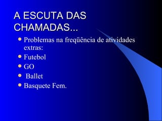 A ESCUTA DAS CHAMADAS... Problemas na freqüência de atividades extras: Futebol GO Ballet Basquete Fem.