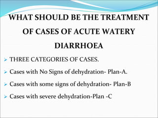 WHAT SHOULD BE THE TREATMENT
OF CASES OF ACUTE WATERY
DIARRHOEA
 THREE CATEGORIES OF CASES.
 Cases with No Signs of dehy...