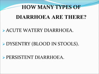 HOW MANY TYPES OF
DIARRHOEA ARE THERE?
 ACUTE WATERY DIARRHOEA.
 DYSENTRY (BLOOD IN STOOLS).
 PERSISTENT DIARRHOEA.
 