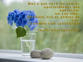 Mas o que você faz com as oportunidades que aparecem  em sua vida.  Portanto, use as pedras de seu  caminho com sabedoria!!! (Autor Desconhecido) 