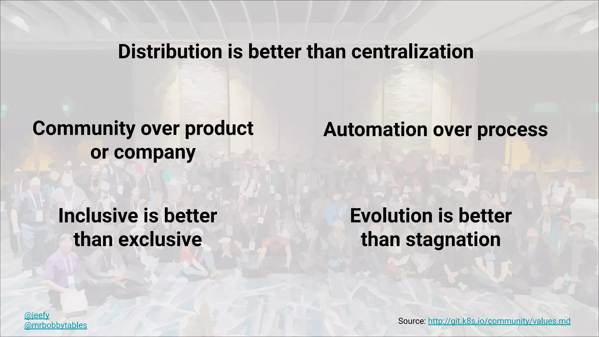 @jeefy
@mrbobbytables
Distribution is better than centralization
Community over product
or company
Automation over process
Inclusive is better
than exclusive
Evolution is better
than stagnation
Source: http://git.k8s.io/community/values.md
 