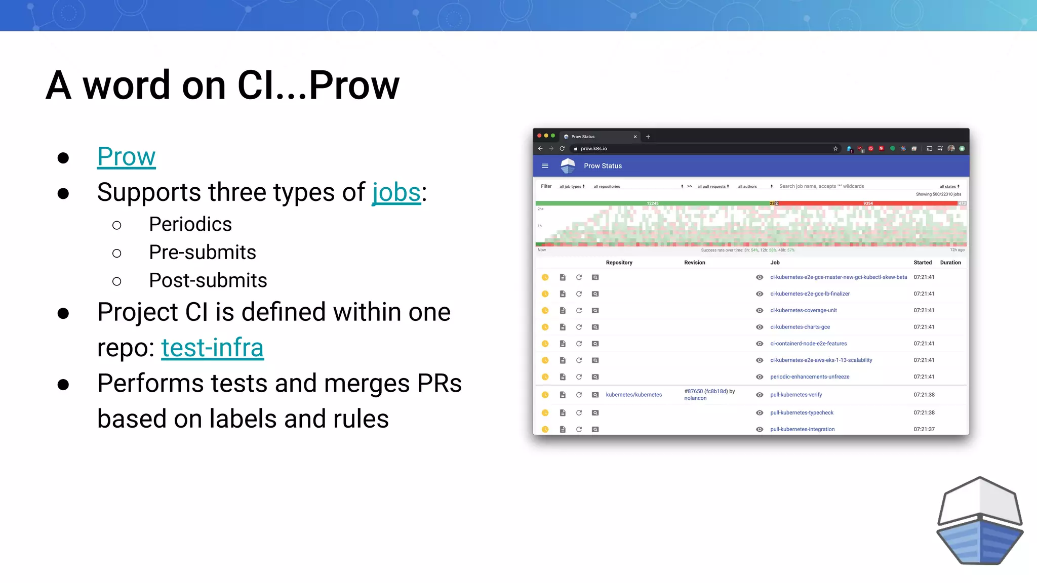 A word on CI...Prow
● Prow
● Supports three types of jobs:
○ Periodics
○ Pre-submits
○ Post-submits
● Project CI is deﬁned within one
repo: test-infra
● Performs tests and merges PRs
based on labels and rules
 