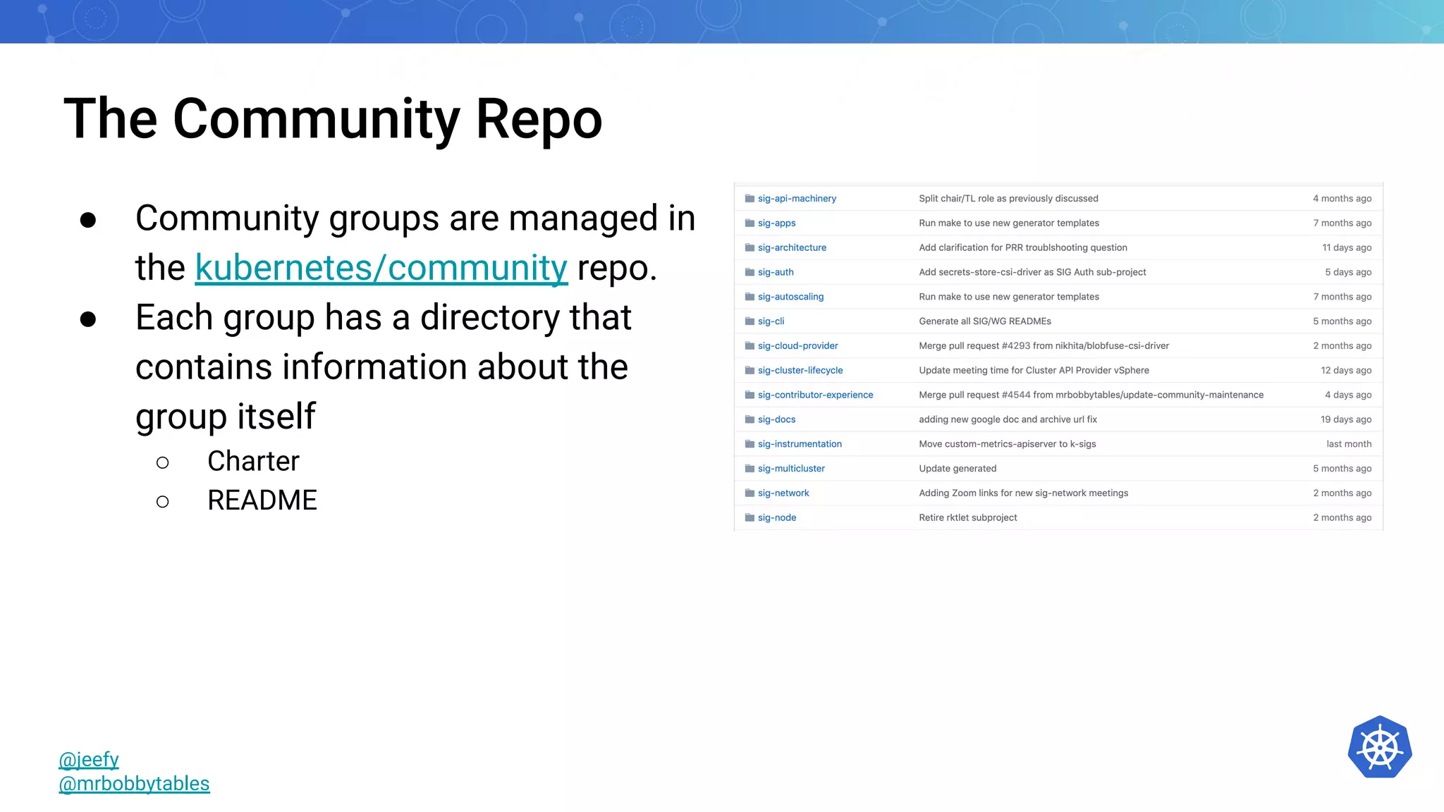 The Community Repo
● Community groups are managed in
the kubernetes/community repo.
● Each group has a directory that
contains information about the
group itself
○ Charter
○ README
@jeefy
@mrbobbytables
 
