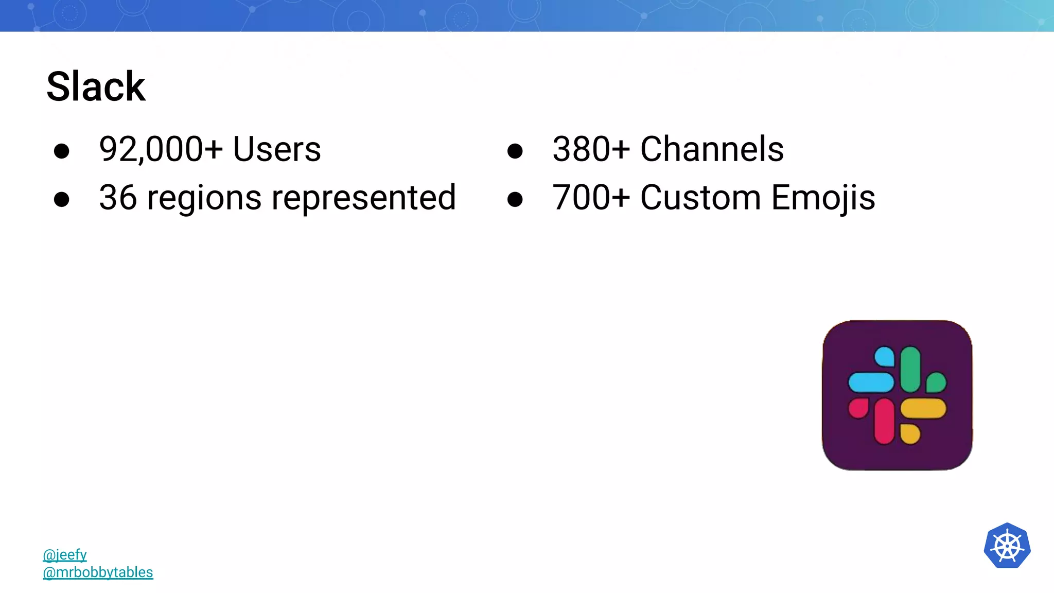 Slack
● 92,000+ Users
● 36 regions represented
@jeefy
@mrbobbytables
● 380+ Channels
● 700+ Custom Emojis
 