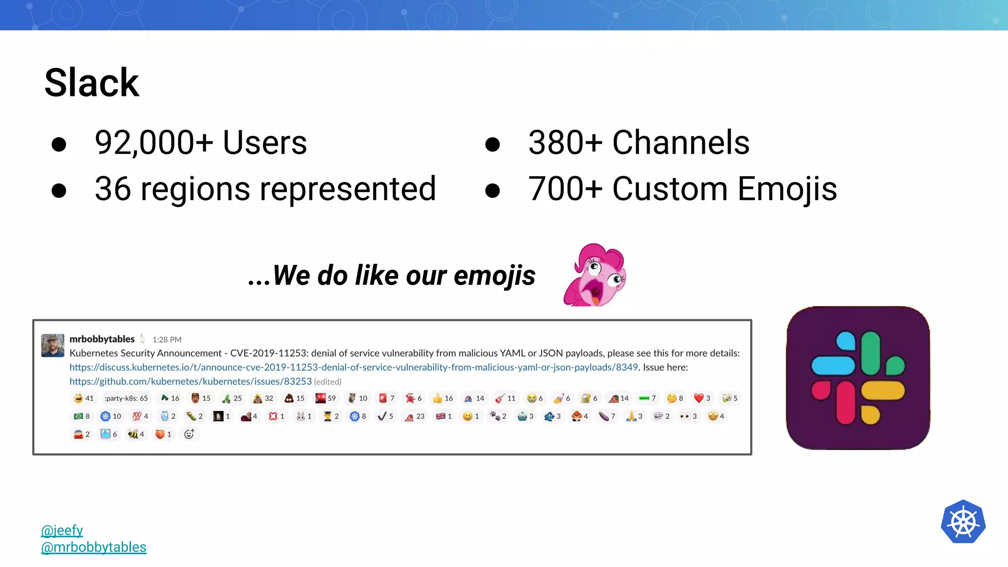 Slack
● 92,000+ Users
● 36 regions represented
@jeefy
@mrbobbytables
● 380+ Channels
● 700+ Custom Emojis
...We do like our emojis
 
