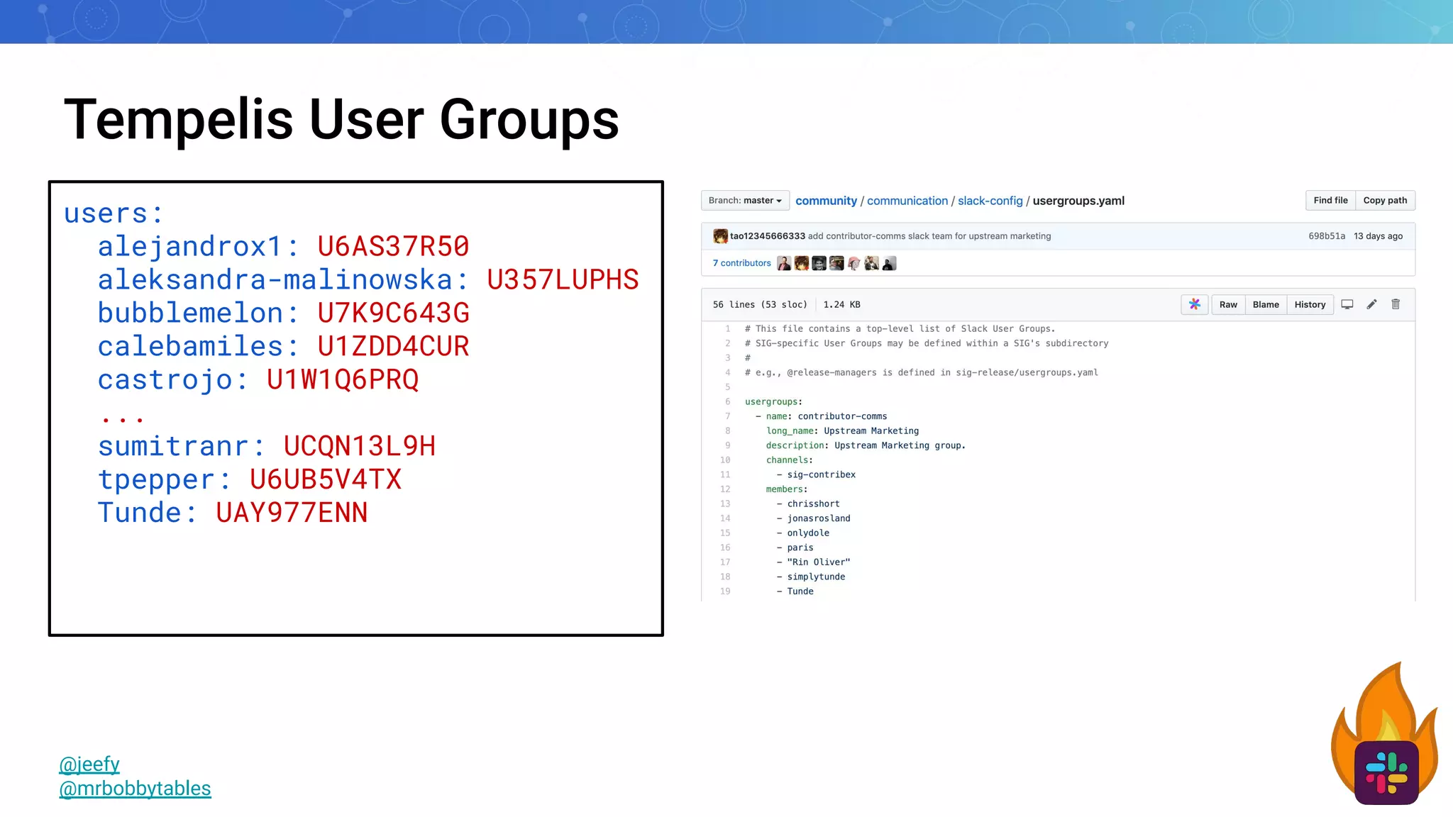Tempelis User Groups
@jeefy
@mrbobbytables
users:
alejandrox1: U6AS37R50
aleksandra-malinowska: U357LUPHS
bubblemelon: U7K9C643G
calebamiles: U1ZDD4CUR
castrojo: U1W1Q6PRQ
...
sumitranr: UCQN13L9H
tpepper: U6UB5V4TX
Tunde: UAY977ENN
 