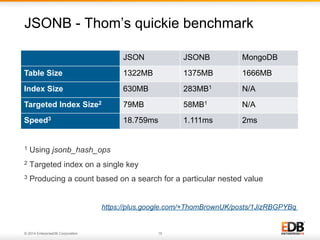 © 2014 EnterpriseDB Corporation. 15
1 Using jsonb_hash_ops
2 Targeted index on a single key
3 Producing a count based on a search for a particular nested value
https://plus.google.com/+ThomBrownUK/posts/1JizRBGPYBq
JSONB - Thom’s quickie benchmark
JSON JSONB MongoDB
Table Size 1322MB 1375MB 1666MB
Index Size 630MB 283MB1 N/A
Targeted Index Size2 79MB 58MB1 N/A
Speed3 18.759ms 1.111ms 2ms
 