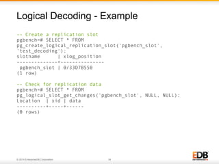 © 2014 EnterpriseDB Corporation. 34
-- Create a replication slot
pgbench=# SELECT * FROM
pg_create_logical_replication_slot('pgbench_slot',
'test_decoding');
slotname | xlog_position
--------------+---------------
pgbench_slot | 0/33D7B550
(1 row)
-- Check for replication data
pgbench=# SELECT * FROM
pg_logical_slot_get_changes('pgbench_slot', NULL, NULL);
Location | xid | data
----------+-----+------
(0 rows)
Logical Decoding - Example
 