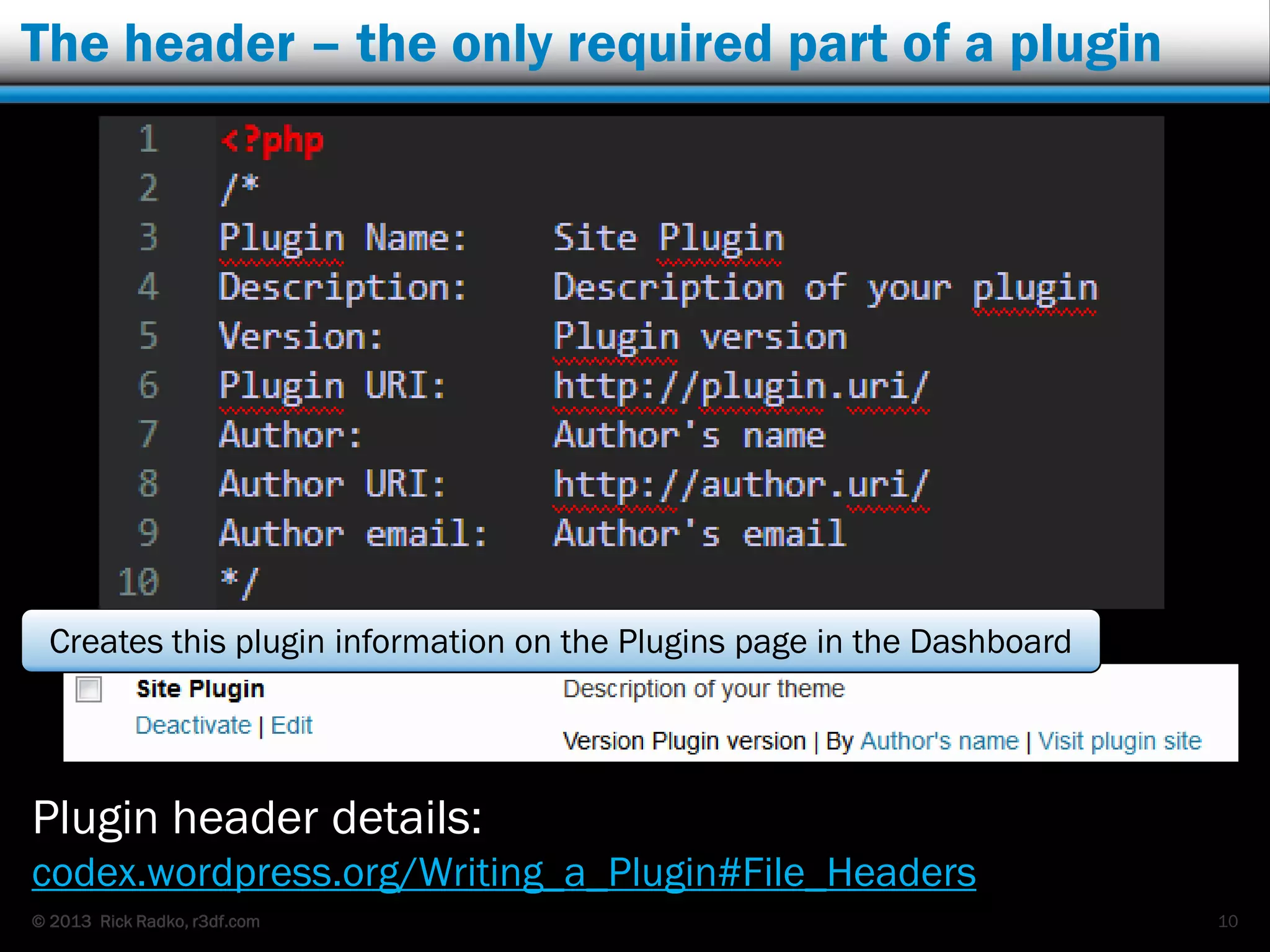 © 2013 Rick Radko, r3df.com
The header – the only required part of a plugin
10
Plugin header details:
codex.wordpress.org/Writing_a_Plugin#File_Headers
Creates this plugin information on the Plugins page in the Dashboard
 