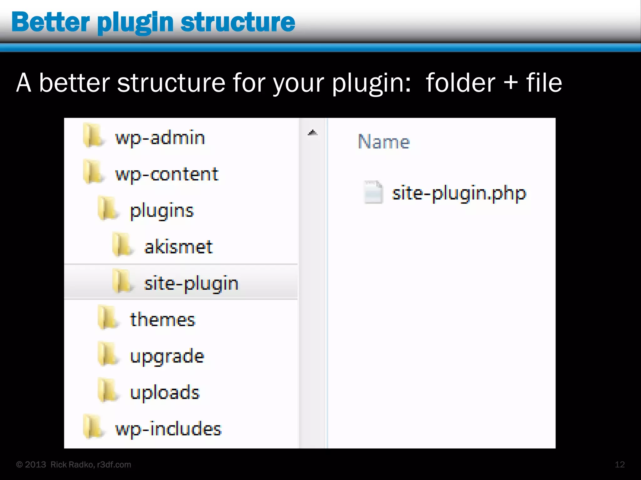 © 2013 Rick Radko, r3df.com
Better plugin structure
A better structure for your plugin: folder + file
12
 