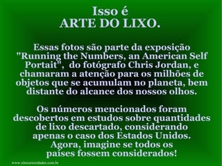 Isso é ARTE DO LIXO. Essas fotos são parte da exposição "Running the Numbers, an American Self Portait",  do fotógrafo Chris Jordan, e chamaram a atenção para os milhões de objetos que se acumulam no planeta, bem distante do alcance dos nossos olhos. Os números mencionados foram descobertos em estudos sobre quantidades de lixo descartado, considerando apenas o caso dos Estados Unidos. Agora, imagine se todos os países fossem considerados! www.sitecuriosidades.com.br 