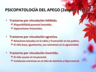 PSICOPATOLOGÍA DEL APEGO (Zeanah – 1993)PSICOPATOLOGÍA DEL APEGO (Zeanah – 1993)
• Trastorno por vinculación inhibida.
 Disponibilidad parental inestable.
 Separaciones frecuentes.
• Trastorno por vinculación agresiva.
 Relaciones basadas en la rabia y frustración en los padres.
 El niño basa, igualmente, sus relaciones en la agresividad.
• Trastorno por vinculación invertida.
 El niño asume el rol parental.
 Conductas extremas en el niño de dominio e hipercontrol.
 