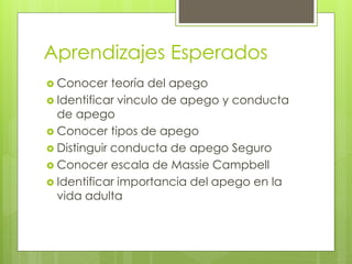 Aprendizajes Esperados
 Conocer teoría del apego
 Identificar vinculo de apego y conducta
de apego
 Conocer tipos de apego
 Distinguir conducta de apego Seguro
 Conocer escala de Massie Campbell
 Identificar importancia del apego en la
vida adulta
 