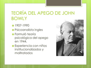 TEORÍA DEL APEGO DE JOHN
BOWLY
 1907-1990
 Psicoanalista ingles
 Formuló teoría
psicológica del apego
en 1944.
 Experiencia con niños
institucionalizados y
maltratados
 