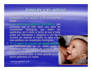 BOWLBY Y EL APEGO




  !          "                      !       #
                                                $



             !                                  !
           ! !
                                !       $
Enfermera Cecilia Reyes Acuña
 