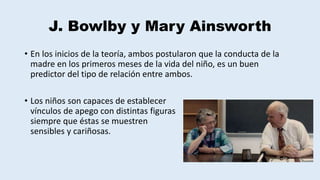 J. Bowlby y Mary Ainsworth
• En los inicios de la teoría, ambos postularon que la conducta de la
madre en los primeros meses de la vida del niño, es un buen
predictor del tipo de relación entre ambos.
• Los niños son capaces de establecer
vínculos de apego con distintas figuras
siempre que éstas se muestren
sensibles y cariñosas.
 