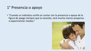 1° Presencia o apoyo
• “Cuando un individuo confía en contar con la presencia o apoyo de la
figura de apego siempre que la necesite, será mucho menos propenso
a experimentar miedos.”
 