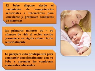 El bebe dispone desde el
nacimiento de competencias
sensoriales e interactivas para
vincularse y promover conductas
de maternas
los primeros minutos 40 – 60
minutos de vida el recién nacido
permanece en vigilia calma, ávido
sensorialmente
La puérpera esta predispuesta para
compartir emocionalmente con su
bebe y aprender las conductas
maternales adecuadas
 