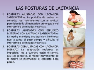 LAS POSTURAS DE LACTANCIA
1. POSTURAS AJUSTADAS CON LACTANCIA
SATISFACTORIA: La posición de ambas es
cómoda, los movimientos son armónicos
permitiendo la alimentación prolongada y el
intercambio de miradas y caricias.
2. POSTURAS AJUSTADAS CON ESFUERZO
MATERNO CON LACTANCIA SATISFACTORIA:
La madre mantiene una posición incómoda
que la cansa al poco tiempo y dificulta el
intercambio de miradas y caricias.
3. POSTURAS DESAJUSTADAS CON LACTANCIA
INEFICAZ: La adaptación recíproca es
imposible, los 2 cuerpos están distantes,
casi sin contacto, al menor movimiento de
la madre se interrumpe el contacto boca
pezón.
 