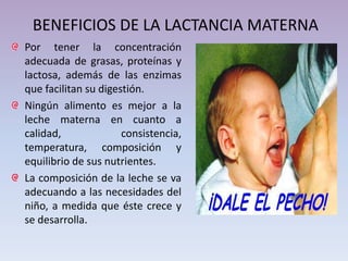 BENEFICIOS DE LA LACTANCIA MATERNA
Por tener la concentración
adecuada de grasas, proteínas y
lactosa, además de las enzimas
que facilitan su digestión.
Ningún alimento es mejor a la
leche materna en cuanto a
calidad, consistencia,
temperatura, composición y
equilibrio de sus nutrientes.
La composición de la leche se va
adecuando a las necesidades del
niño, a medida que éste crece y
se desarrolla.
 