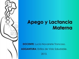 Apego y Lactancia
Materna
DOCENTE: Lucía Navarrete Troncoso.
ASIGANTURA: Estilos de Vida Saludable.
2013.
 