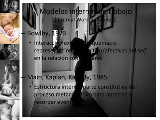 Modelos internos de trabajo (Internal Working Models) Bowlby, 1973 Interacción externa: esquemas o representaciones cognitivo/afectivas del  self  en la relación con los pares Main, Kaplan, Kassidy, 1985 Estructura interna: parte constitutiva del proceso metacognitivo para apreciar y recordar eventos 