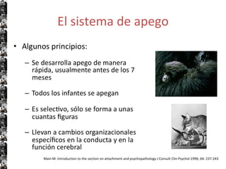 El sistema de apego Main M. Introduction to the section on attachment and psychopathology J Consult Clin Psychol 1996; 64: 237-243 