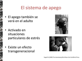 El sistema de apego El apego también se verá en el adulto Activado en situaciones particulares de estrés Existe un efecto transgeneracional Siegel DJ (2000) The developing Mind New York Guildford Press 