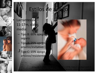Lactantes de 11-17m, clase media: Tipo B: 60% apego seguro Tipo A: 25% apego ansioso/evitativo Tipo C: 15% apego ansioso/resistente  Estilos de apego Ainsworth M, Blehar M, Waters E, & Wall S. (1978). Patterns of attachment: A psychological study of the strange situation. Hillsdale, N.J.: Erlbaum. 