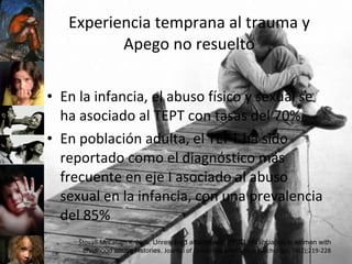 En la infancia, el abuso físico y sexual se ha asociado al TEPT con tasas del 70%  En población adulta, el TEPT ha sido reportado como el diagnóstico más frecuente en eje I asociado al abuso sexual en la infancia, con una prevalencia del 85% Experiencia temprana al trauma y Apego no resuelto Stovall-McCalugh K. 2006 .  Unresolved attachment, PTSD, dissociation in women with childhood abuse histories.  Journal of Conuslting and Clinical Psychology, 74(2);219-228 