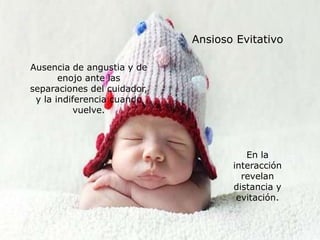 Ansioso Evitativo
Ausencia de angustia y de
enojo ante las
separaciones del cuidador,
y la indiferencia cuando
vuelve.
En la
interacción
revelan
distancia y
evitación.
 