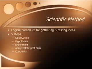 Scientific Method Logical procedure for gathering & testing ideas 5 steps… Observation Hypothesis Experiment Analyze/Interpret data Conclusion  