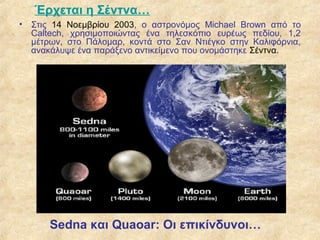 Έρχεται η Σέντνα…
• Στις 14 Νοεμβρίου 2003, ο αστρονόμος Michael Brown από το
  Caltech, χρησιμοποιώντας ένα τηλεσκόπιο ευρέως πεδίου, 1,2
  μέτρων, στο Πάλομαρ, κοντά στο Σαν Ντιέγκο στην Καλιφόρνια,
  ανακάλυψε ένα παράξενο αντικείμενο που ονομάστηκε Σέντνα.




      Sedna και Quaoar: Οι επικίνδυνοι…
 