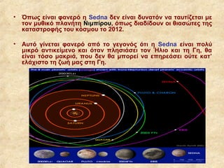 • Όπως είναι φανερό η Sedna δεν είναι δυνατόν να ταυτίζεται με
  τον μυθικό πλανήτη Νιμπίρου, όπως διαδίδουν οι θιασώτες της
  καταστροφής του κόσμου το 2012.

• Αυτό γίνεται φανερό από το γεγονός ότι η Sedna είναι πολύ
  μικρό αντικείμενο και όταν πλησιάσει τον Ήλιο και τη Γη, θα
  είναι τόσο μακριά, που δεν θα μπορεί να επηρεάσει ούτε κατ’
  ελάχιστο τη ζωή μας στη Γη.
 