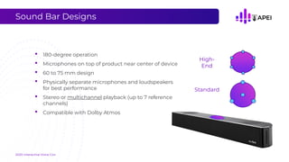 Sound Bar Designs
• 180-degree operation
• Microphones on top of product near center of device
• 60 to 75 mm design
• Phys...