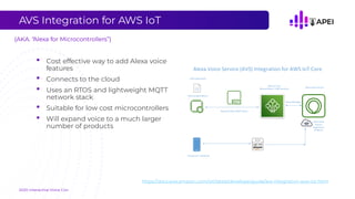 AVS Integration for AWS IoT
• Cost effective way to add Alexa voice
features
• Connects to the cloud
• Uses an RTOS and li...