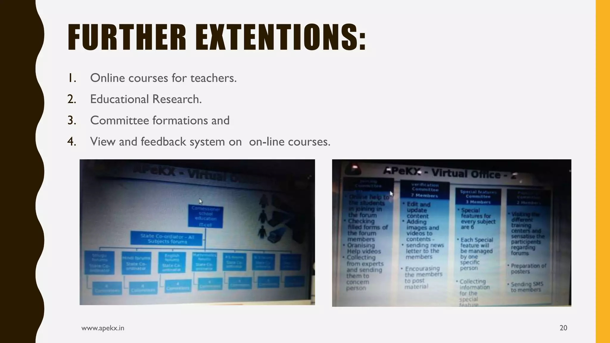 1. Online courses for teachers.
2. Educational Research.
3. Committee formations and
4. View and feedback system on on-line courses.
www.apekx.in 20
FURTHER EXTENTIONS:
 