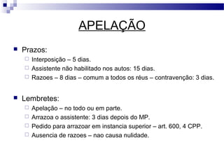 APELAÇÃO
   Prazos:
     Interposição – 5 dias.
     Assistente não habilitado nos autos: 15 dias.
     Razoes – 8 dias – comum a todos os réus – contravenção: 3 dias.



   Lembretes:
     Apelação – no todo ou em parte.
     Arrazoa o assistente: 3 dias depois do MP.
     Pedido para arrazoar em instancia superior – art. 600, 4 CPP.
     Ausencia de razoes – nao causa nulidade.
 