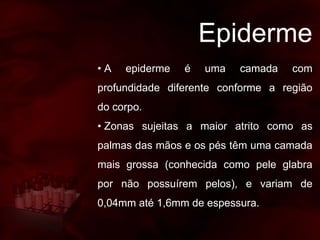 Epiderme
• A epiderme é uma camada com
profundidade diferente conforme a região
do corpo.
• Zonas sujeitas a maior atrito como as
palmas das mãos e os pés têm uma camada
mais grossa (conhecida como pele glabra
por não possuírem pelos), e variam de
0,04mm até 1,6mm de espessura.
 
