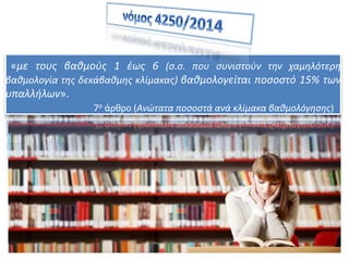 «με τους βαθμούς 1 έως 6 (σ.σ. που συνιστούν την χαμηλότερη
βαθμολογία της δεκάβαθμης κλίμακας) βαθμολογείται ποσοστό 15% των
υπαλλήλων».
7ο άρθρο (Ανώτατα ποσοστά ανά κλίμακα βαθμολόγησης)
 